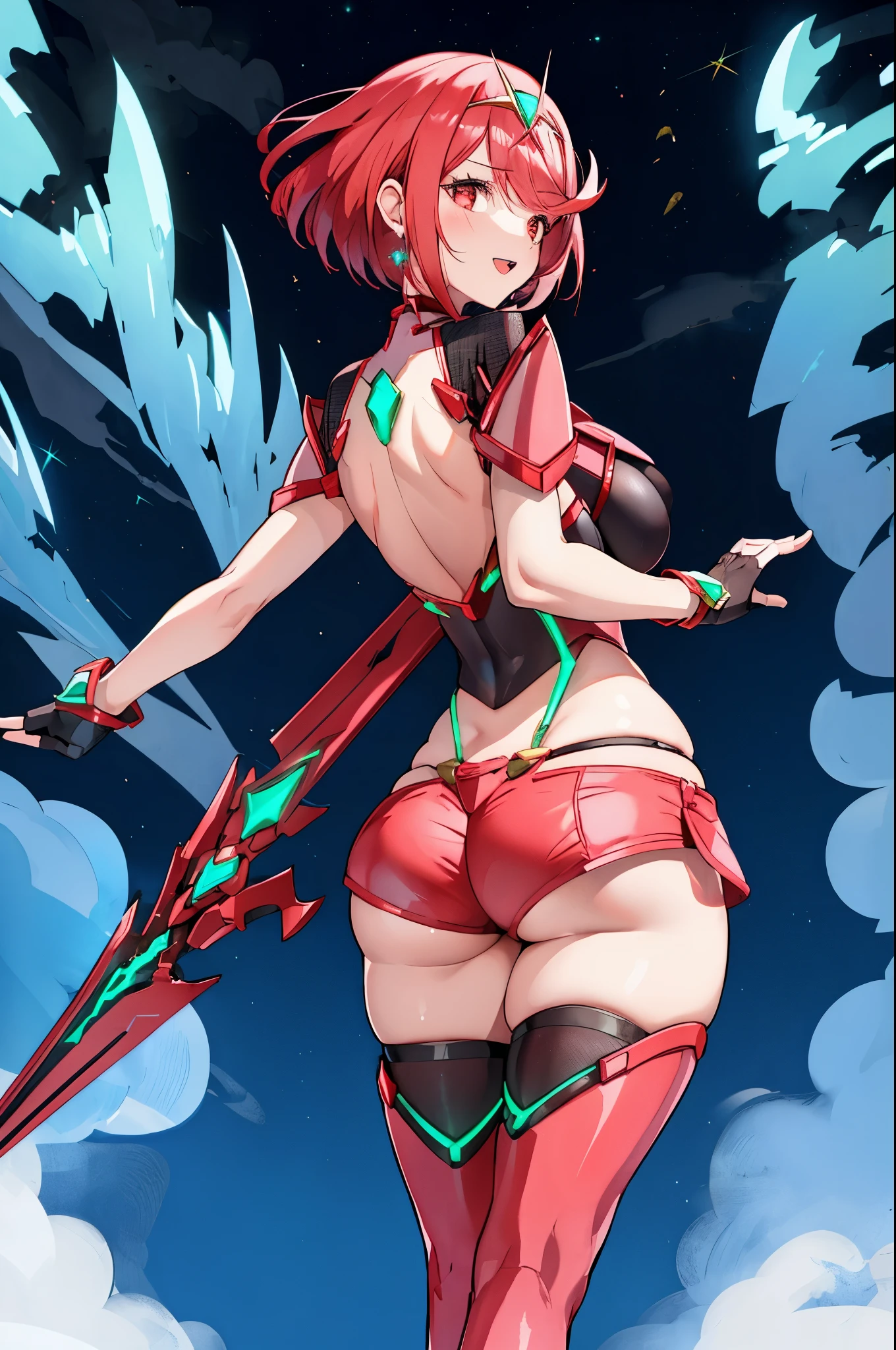 pyra \(xenoblade\), _1girl, armor, bangs, black gloves, breasts, red eyes, closed mouth, earrings, eyelashes, fingerless gloves, floating hair, framed breasts, gem, gloves, hair ornament, headpiece, jewelry, big_breasts, leaning back, leotard, neon trim, official art, pose, red hair, red shorts, saitou masatsugu, short hair, short shorts, short sleeves, shorts, sidelocks, skin tight, solo, standing, swept bangs, thighhighs, tiara, night_prairie_background, turtleneck, underbust, vambraces, xenoblade chronicles \(series\), (xenoblade chronicles 2), apart_legs, fire_effect,dynamic_pose_fighting,light_smile, (plump:1.1), big_ass,huge_sword, hold_large_sword_hilt, solo, covered_nipples, covered_pussy,open_mouth,back_view,