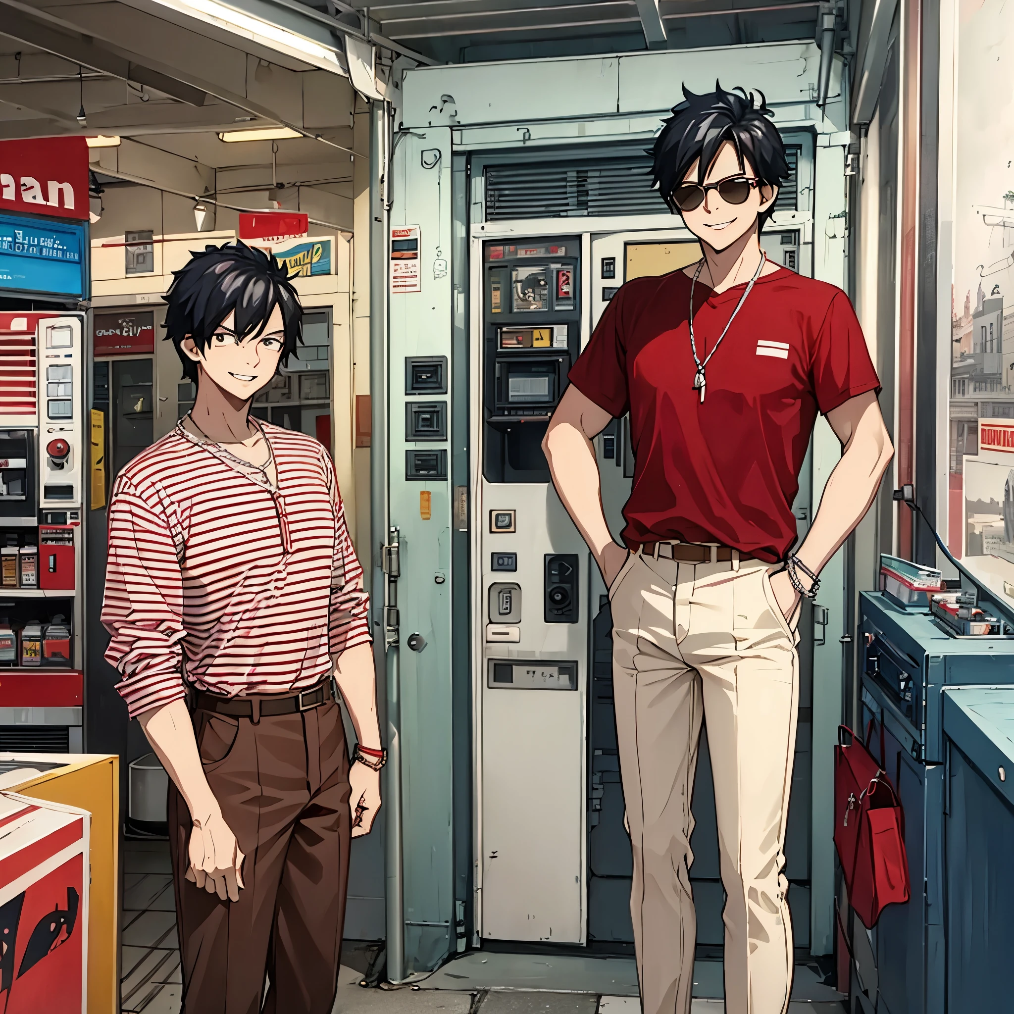 A man wearing a red and beige striped cotton shirt from the 1950s, wearing white pants, wearing sunglasses, straight black hair, smiling, at a gas station from the 1950s, day
