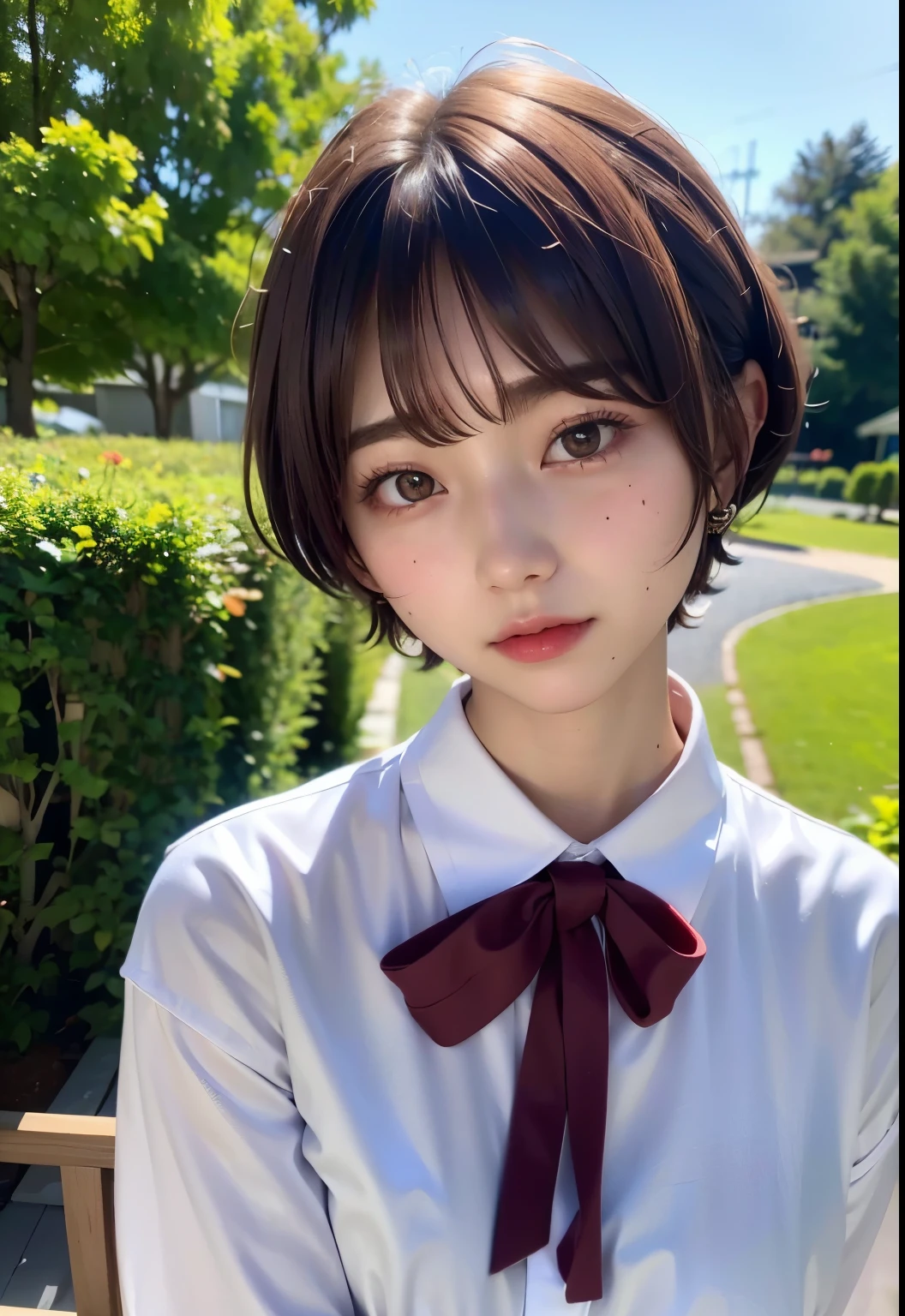 ((highest quality))、(masterpiece:1.4)、Raw photo、8k、((best image quality))、 ((High resolution))、Beautiful face in every detail、realistic human skin、gentle expression、(one woman:1.3 )、realistic、Photoreal、(short hair)、(Beautiful woman)、(cute japanese girl)、(boyish:1.3)、(mannish)、((Beautiful woman))、(beautiful hair)、((dark brown hair))、(((red cheeks)))、((her eyes are big))、20 year old beauty、(small face)、small head、((long neck))、high school girls uniform、(white shirt)、(ribbon at neck)、garden