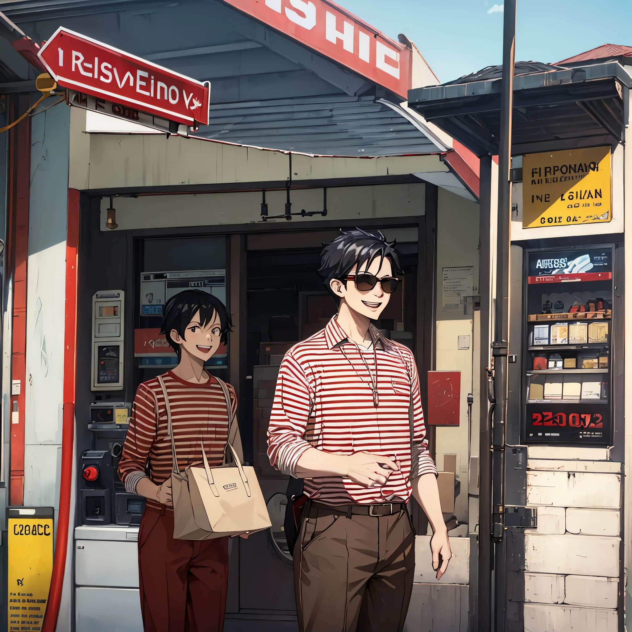 A man wearing a red and beige striped cotton shirt from the 1950s, wearing white pants, wearing sunglasses, straight black hair, smiling, at a gas station from the 1950s, day
