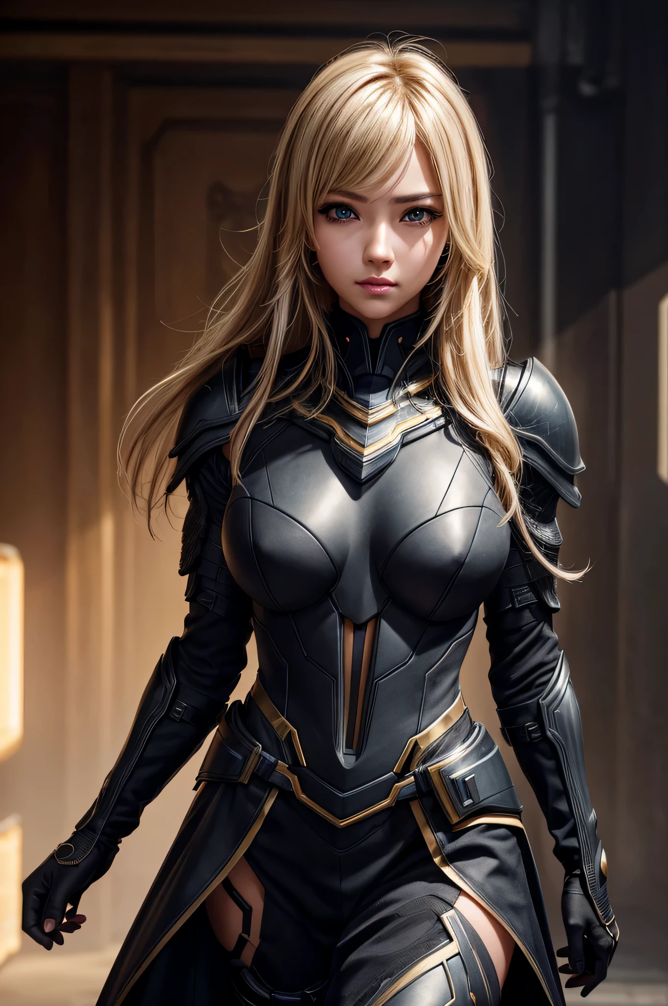 Highest image quality、8K Masterpiece、ultra high resolution、(Photorealsitic:1.3)、Raw photo、1 girl、golden hair、glowing skin、1 super beautiful cyberpunk soldier、((Super realistic details))、Portrait、global illumination、shadow、octane rendering、8K、ultra sharp、beautiful breastetal、cool color、very intricate details、realistic light、CG Society Trend、beautiful eyes、shining eyes、facing the camera、neon details、dark armor dress, show viewer, dark colored gloves, hair between eyes, black dress, chest plate, black armor, medium hair, blonde