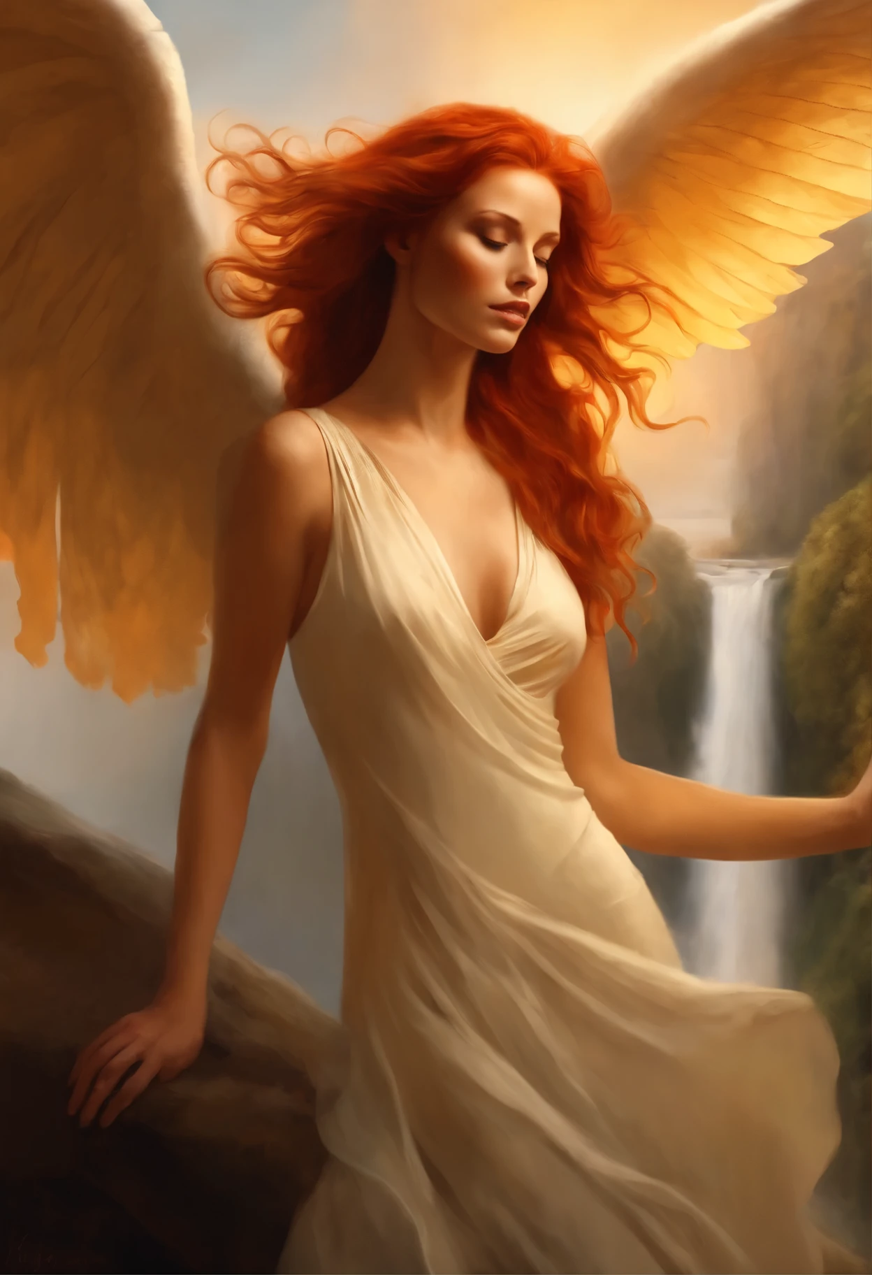  Redhead angel girl depicted in digital illustration inspired by the works of Boris Vallejo. She stands atop a cliff overlooking a vast, mystical landscape with cascading waterfalls and floating islands. The color temperature is warm, with golden hues illuminating her ethereal presence. Her facial expression is serene yet powerful, emanating a sense of divine grace. Soft, diffused lighting bathes the scene, creating an otherworldly atmosphere.--v 5 --stylize 1000 ugly, tiling, poorly drawn hands, poorly drawn feet, poorly drawn face, out of frame, mutation, mutated, extra limbs, extra legs, extra arms, disfigured, deformed, cross-eye, Body out of frame, Blurry, Bad art, Bad anatomy, Blurred, Watermark, Grainy, Duplicate

