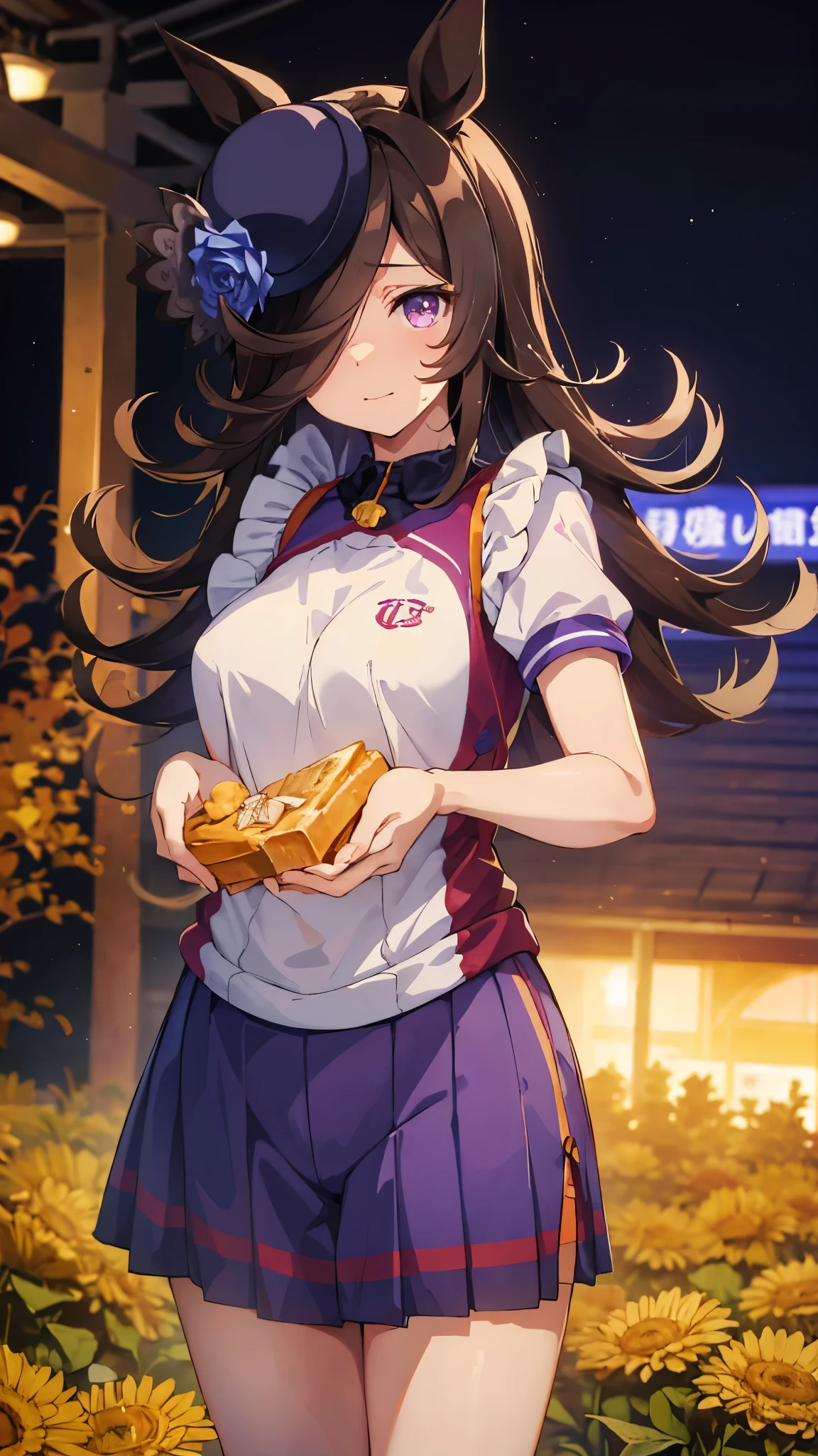 (rice shower \(umamusume\)),(masterpiece),shape,brown black hair,long hair,purple eyes,flowing bangs,long bangs,long hair, small breasts,hair covers right eye, School uniform, smile, close your mouth, classroom, Upper body, looking at the viewer, School, arm behind head, contrasting, spread the sides,
