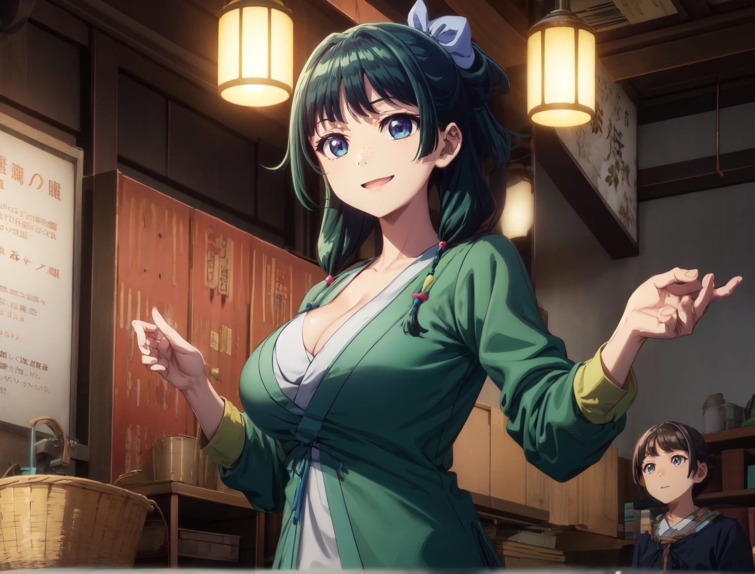 Are thin、green hairstyle,、Only one girl is in the picture、smile、big breasts、light green shirt