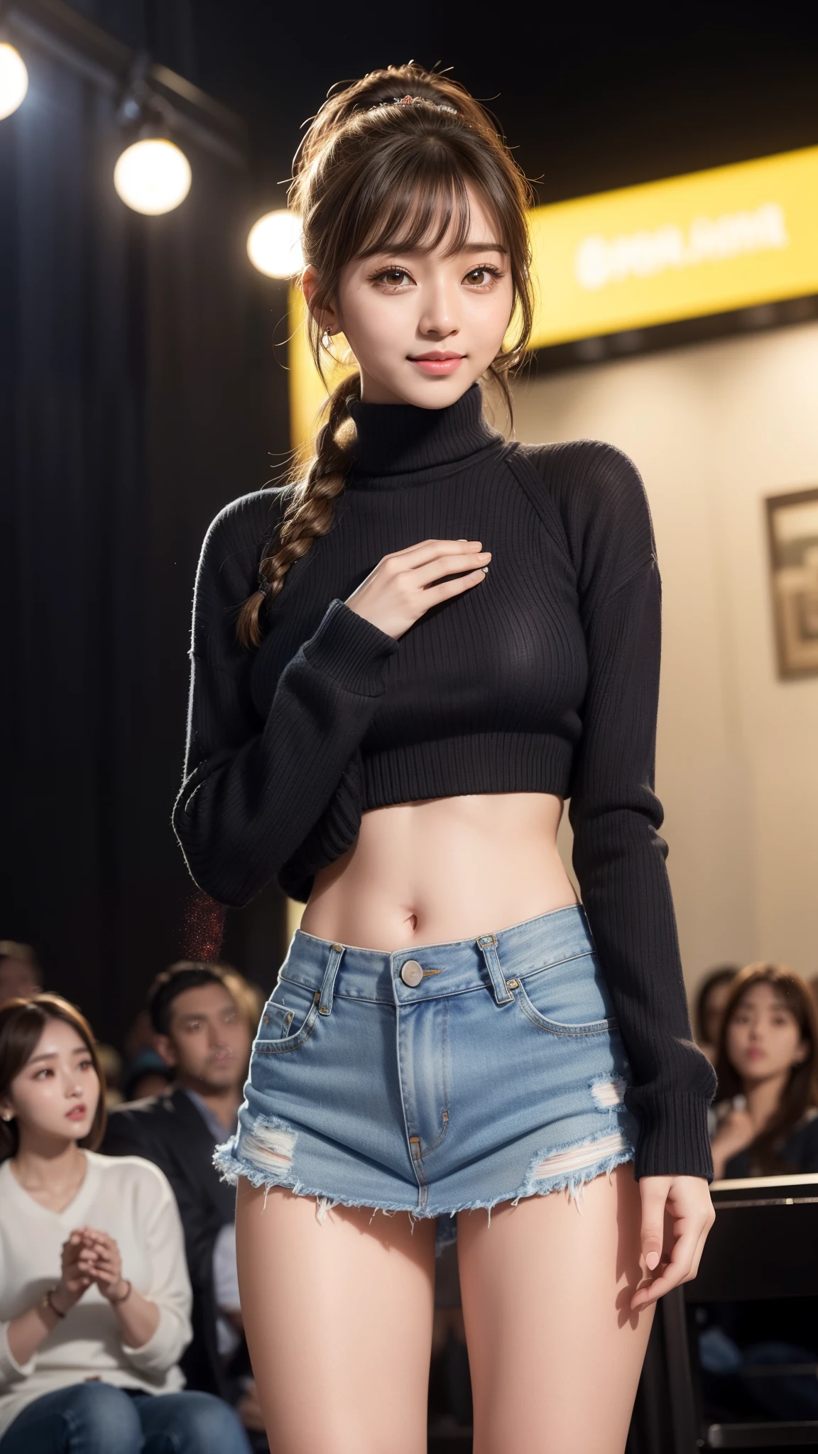 8k, table top, Raw photo, highest quality, realistic, Wallpapers with extreme details CG Unity 8k, Depth of the bounds written, cinematic light, Lens flare, ray tracing, (very beautiful face, beautiful lips, beautiful eyes), face with intricate details, ((ultra detail skin)) 1 girl, (Korean model Kim Da-eun, Dhoni), (Korean model Kim Da-eun, Dhoni), (Korean model Kim Da-eun, Dhoni), (Korean model Kim Da-eun, Dhoni), (Korean model Kim Da-eun, Dhoni),1 girl, ((look up at the audience)),(A big smile:1.3), (blurred background), faint light), (no people in the background.:1.3), beautiful earrings, clear eyes, front shot, (pale skin), (Big eyes), (Big eyes) (Big eyes), (Big eyes), (Big eyes), facing forward, (full body shot), (light brown hair), おopen the navel............, (look up at the audience:1.3), small hips, small hips,small hips, thin waist, small hips, ((wide open abdomen))、((open abdomen))、((wide open the navel))、((open the navel))、((naked belly))、((midriff sweater))、((Super low-rise、denim mini skirt))、 ((Navel exposed))、((small hips))、((full body description))、((small hips))、(boots)、((Super low-rise))、 ((denim tanding))、