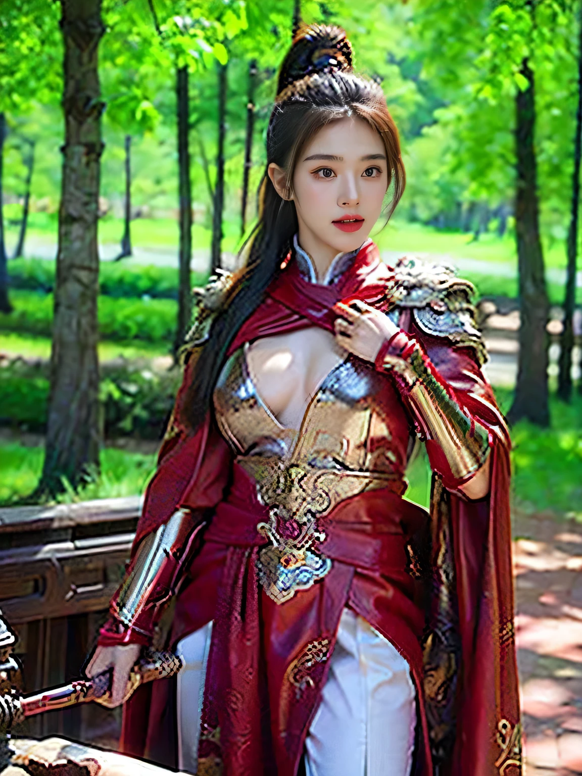 masterpiece,Best quality,HD quality,face close-up,(Detailed sculpting of eyes),Laugh,(corners of mouth raised),8K,Ancient battlefield background, ((field:1.8)),(Female generals on the battlefield in the Han Dynasty),Lead the horse,18-year-old girl,(long ponytail hairstyle),cparted lips,Full and erect breasts,Chinese architecture,red cloak,The combination of white metal and red leather,chest armor,((Cool and gorgeouig breasts)),Chest groove,Three Kingdoms character painting style,Photo pose,oc render reflection texture,Head-up shot,bright afternoon,woodland background