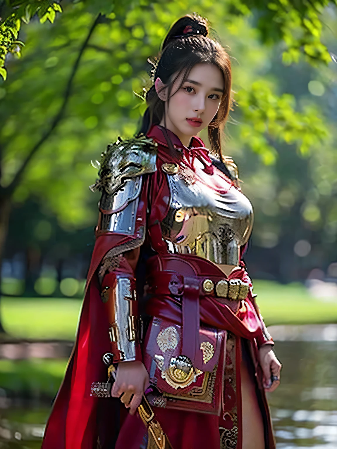 masterpiece，Best quality，HD quality，face close-up，（Detailed sculpting of eyes），Laugh，（corners of mouth raised），8K，Ancient battlefield background, ((field：1.8))，(Female generals on the battlefield in the Han Dynasty)，Lead the horse，18-year-old girl，（long ponytail hairstyle)，cparted lips，Full and erect breasts，Chinese architecture,red cloak，The combination of white metal and red leather，chest armor，（（Cool and gorgeouig breasts))，Chest groove，Three Kingdoms character painting style，Photo pose，oc render reflection texture，Head-up shot，bright afternoon，woodland background