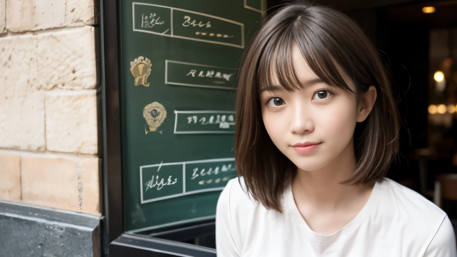 masterpiece, best quality, 8k, disorganized person, white shirt, beautiful girl, pretty face, looking at the viewer, smile, super realistic, high resolution, picture, sharp focus, HDR, face light, dynamic lighting, movie lighting, professional shadow, beautiful cafe background, best details, very detailed, Super detailed, finely, real skin, delicate facial features, detailed face and eyes, sharp pupils、real students