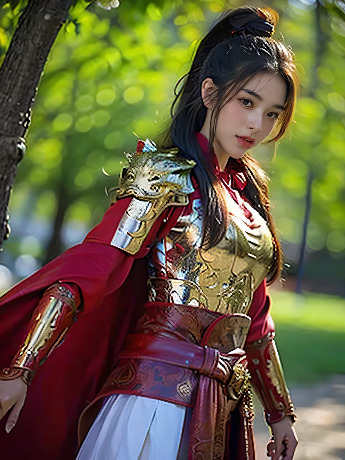 masterpiece,Best quality,HD quality,face close-up,(Detailed sculpting of eyes),Laugh,(corners of mouth raised),8K,Ancient battlefield background, ((field:1.8)),(Female generals on the battlefield in the Han Dynasty),Lead the horse,18-year-old girl,(long ponytail hairstyle),cparted lips,Full and erect breasts,Chinese architecture,red cloak,The combination of white metal and red leather,chest armor,((Cool and gorgeouig breasts)),Chest groove,Three Kingdoms character painting style,Photo pose,oc render reflection texture,Head-up shot,bright afternoon,woodland background