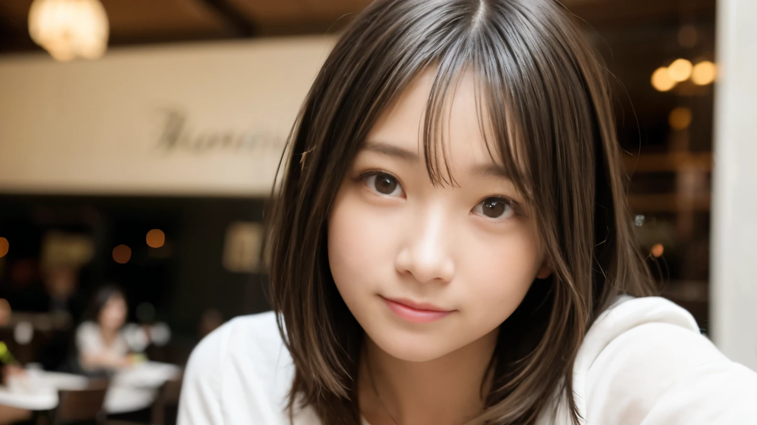 masterpiece, best quality, 8k, disorganized person, white shirt, beautiful girl, pretty face, looking at the viewer, smile, super realistic, high resolution, picture, sharp focus, HDR, face light, dynamic lighting, movie lighting, professional shadow, beautiful cafe background, best details, very detailed, Super detailed, finely, real skin, delicate facial features, detailed face and eyes, sharp pupils,real students