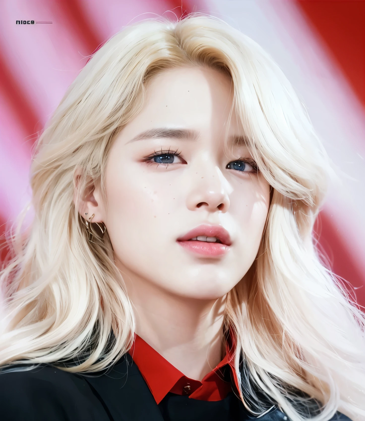 high quality, long hair, curly hair, golden blonde hair, jimin from bts, jimin, park jimin, brunette freckles, round eyes, full lips, porcelain skin, jimin, jimin from bts, jimin, jimin park