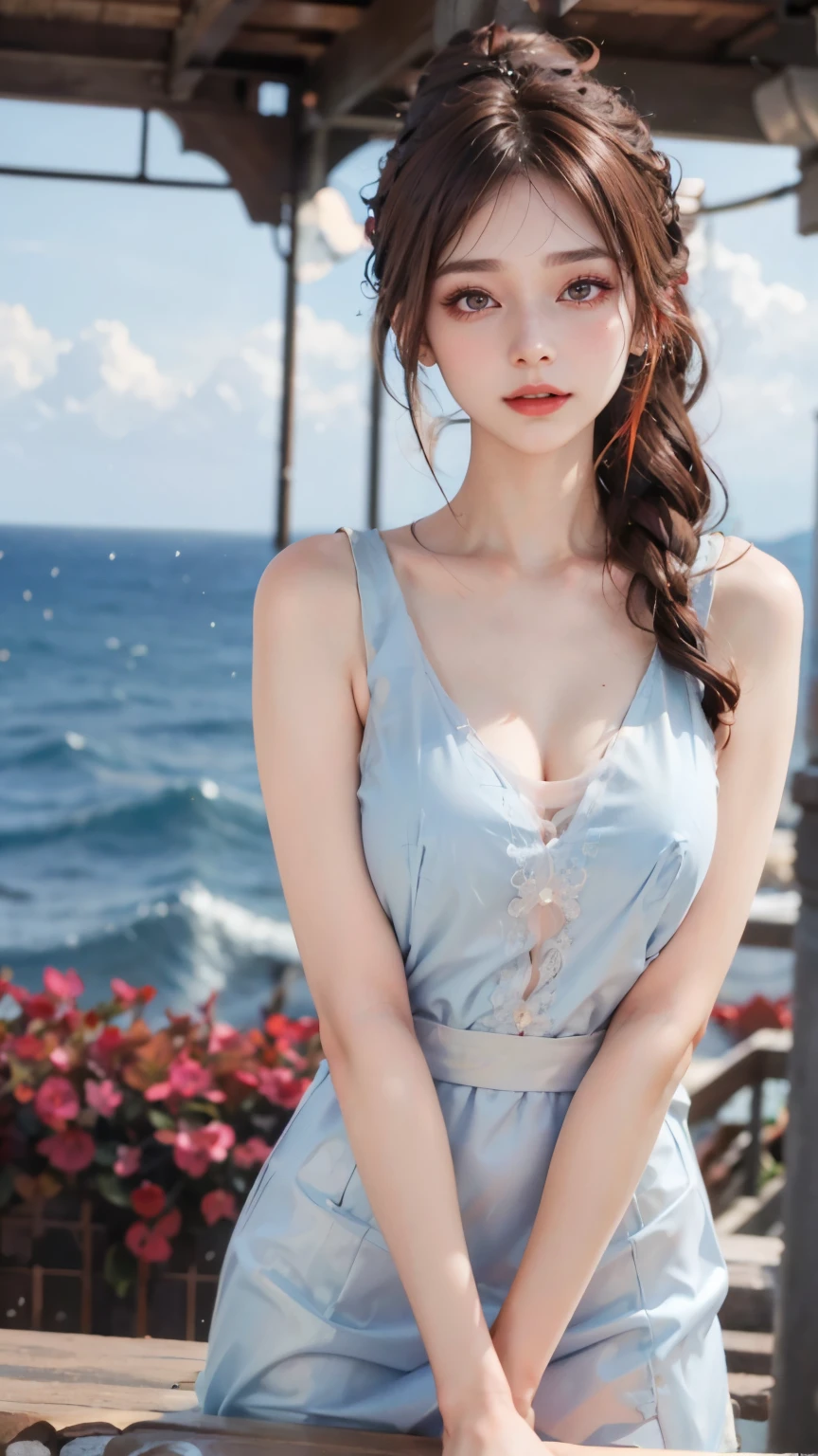 （Modify hair only、Face）Light blue transparent dress，Reddish-brown hair，curls，ponytail，Nice bun，Perfect hairstyle，red headdress，red eyes，red eye，red pupils，Delicate and detailed eyes，Charming eyes，clear eyes，Red eyes，huge ，Smiling very happily