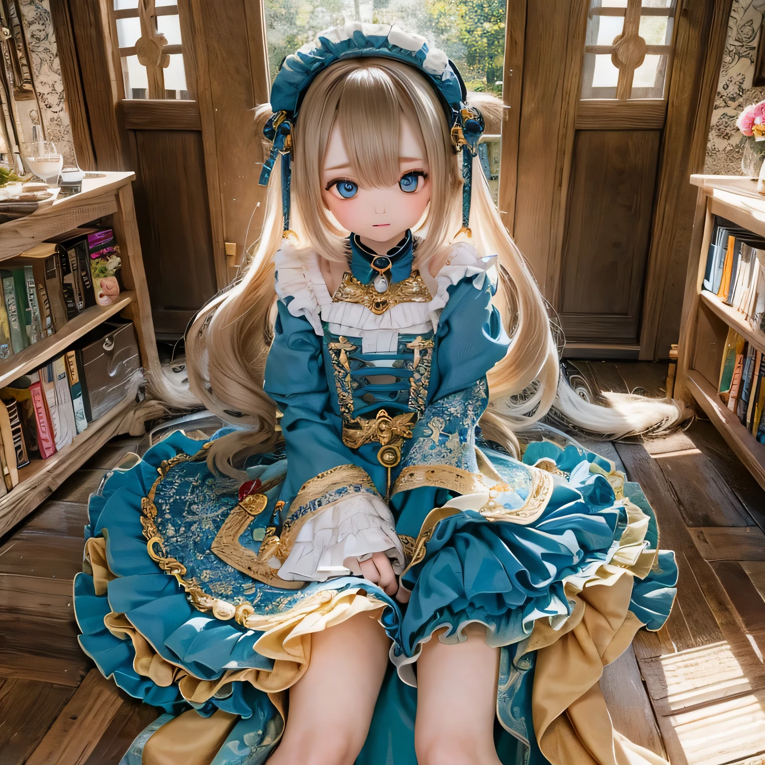 (highest quality, High resolution, 4k, Super detailed, masterpiece:1.2), realistic, HDR, Bright colors, sharp focus, studio lighting, extreme details, Professional, Portrait, anime, blue tone, Natural light, 10 year old girl, blonde curly hair, flat chest, gothic lolita clothing, innocent look, delicate features, long eyelashes, expressive eyes, rosy cheeks, soft lighting, dreamy atmosphere, quirky background(((((((bow)))))))full body