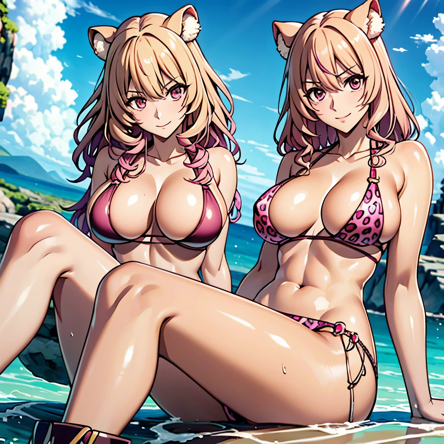 attractive 30 year old woman with bear ears. piel bronceada, ruby red eyes and blonde hair with pink tips, pechos grandes gotas de agua sus pechos. sonrisa mostrando los dientes, rubor... pink bikini leopard design, botas rosadas, esta de pie frente al espectador resaltando sus pechos, sonrisa traviesa. fondo una playa tropical gotas de agua en su pecho. sonrisa  dientes.