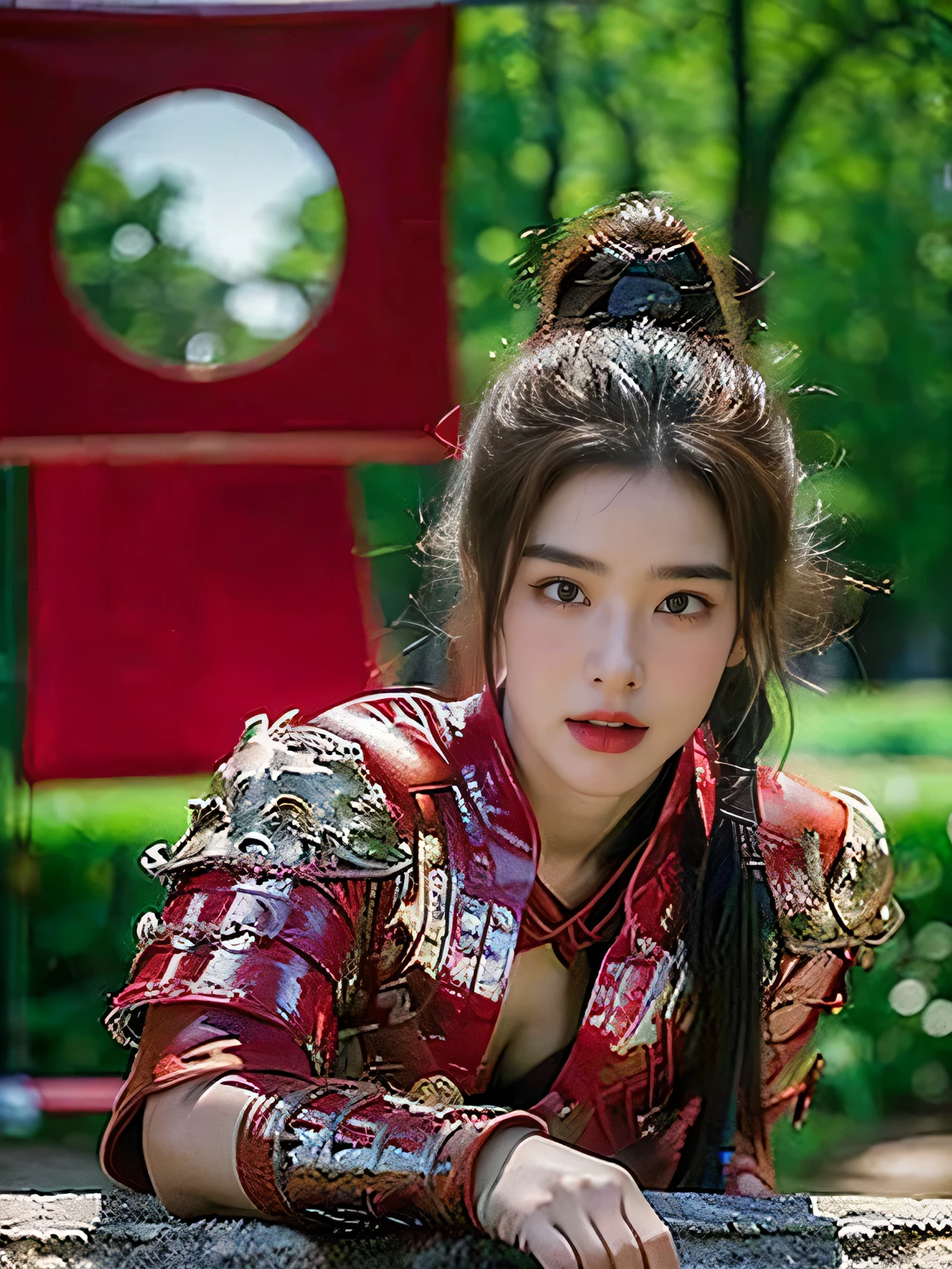 masterpiece,Best quality,HD quality,face close-up,(Detailed sculpting of eyes),Laugh,(corners of mouth raised),8K,Ancient battlefield background, ((field:1.8)),(Female generals on the battlefield in the Han Dynasty),Lead the horse,18-year-old girl,(long ponytail hairstyle),cparted lips,Full and erect breasts,Chinese architecture,red cloak,The combination of white metal and red leather,chest armor,((Cool and gorgeouig breasts)),Chest groove,Three Kingdoms character painting style,Photo pose,oc render reflection texture,Head-up shot,bright afternoon,woodland background