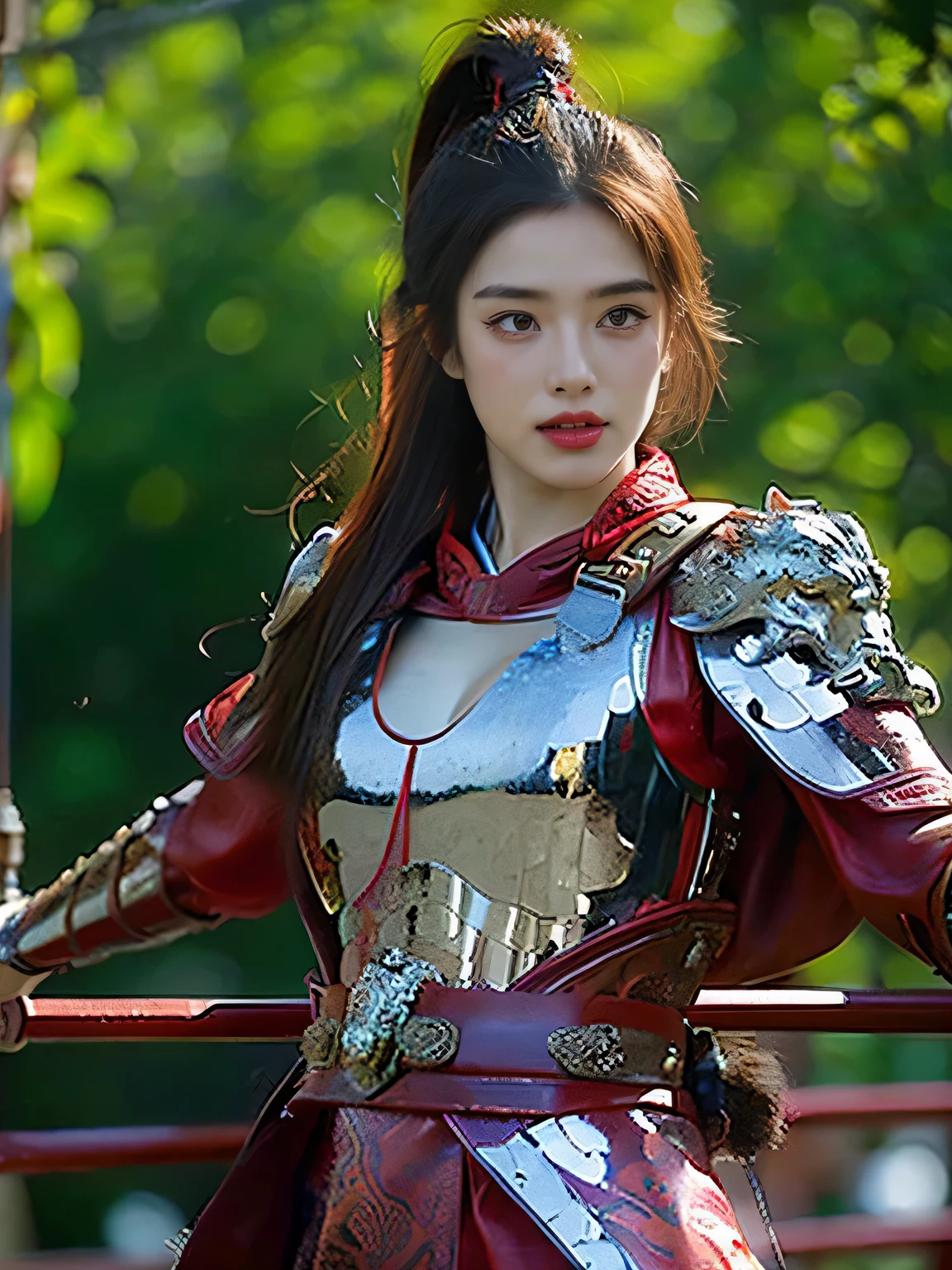 masterpiece，Best quality，HD quality，face close-up，（Detailed sculpting of eyes），Laugh，（corners of mouth raised），8K，Ancient battlefield background, ((field：1.8))，(Female generals on the battlefield in the Han Dynasty)，Lead the horse，18-year-old girl，（long ponytail hairstyle)，cparted lips，Full and erect breasts，Chinese architecture,red cloak，The combination of white metal and red leather，chest armor，（（Cool and gorgeouig breasts))，Chest groove，Three Kingdoms character painting style，Photo pose，oc render reflection texture，Head-up shot，bright afternoon，woodland background