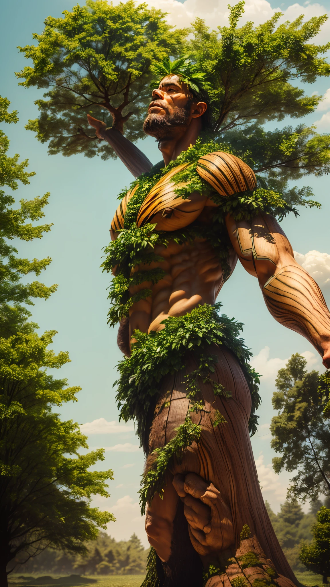 (good structure),high dynamic range,ultra high definition,8k,Wooden giant,Giant Clan, branch, dark skin, falling leaves, feathers, forest, grass, jewelry,Sitting posture, leaf, leaves in wind, male focus, muscular, nature, necklace, petals, plant, solo, tree,beard