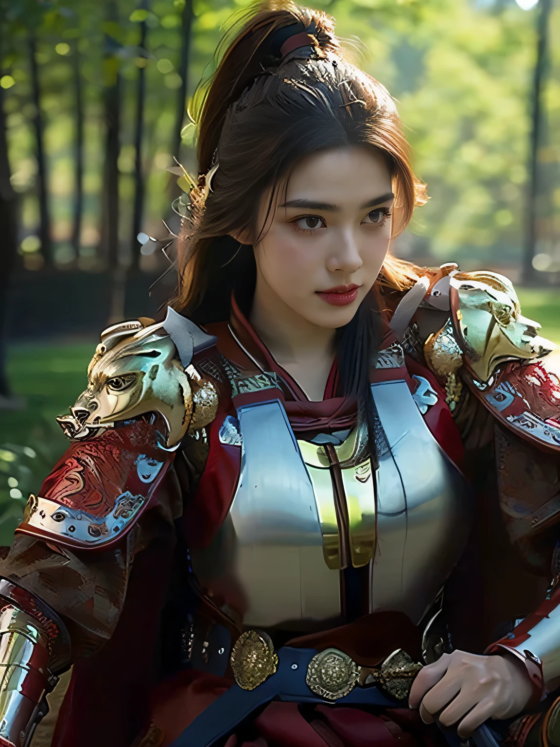 masterpiece,Best quality,HD quality,face close-up,(Detailed sculpting of eyes),Laugh,(corners of mouth raised),8K,Ancient battlefield background, ((field:1.8)),(Female generals on the battlefield in the Han Dynasty),Lead the horse,18-year-old girl,(long ponytail hairstyle),cparted lips,Full and erect breasts,Chinese architecture,red cloak,The combination of white metal and red leather,chest armor,((Cool and gorgeouig breasts)),Chest groove,Three Kingdoms character painting style,Photo pose,oc render reflection texture,Head-up shot,bright afternoon,woodland background