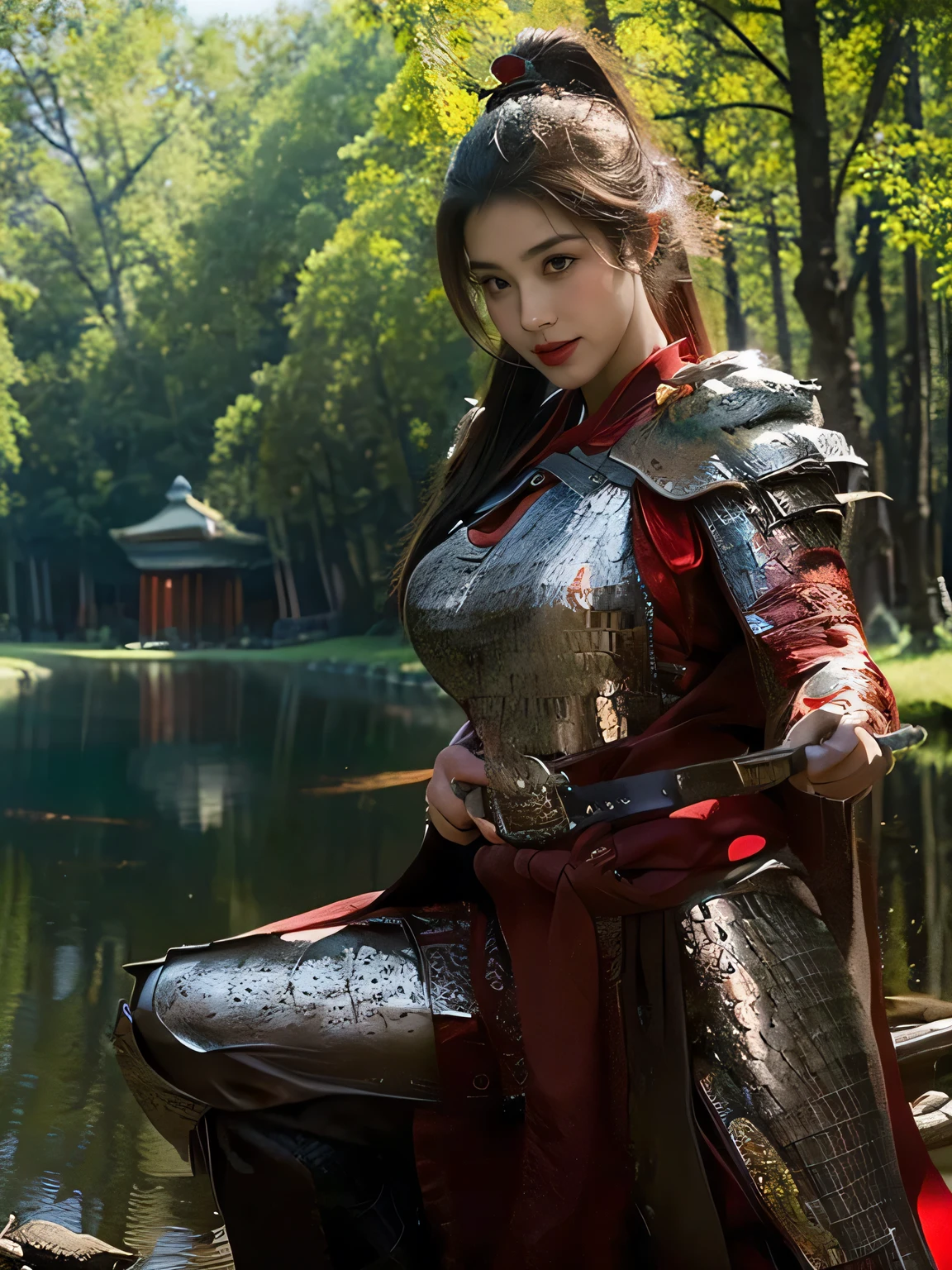 masterpiece,Best quality,HD quality,face close-up,(Detailed sculpting of eyes),Laugh,(corners of mouth raised),8K,Ancient battlefield background, ((field:1.8)),(Female generals on the battlefield in the Han Dynasty),Lead the horse,18-year-old girl,(long ponytail hairstyle),cparted lips,Full and erect breasts,Chinese architecture,red cloak,The combination of white metal and red leather,chest armor,((Cool and gorgeouig breasts)),Chest groove,Three Kingdoms character painting style,Photo pose,oc render reflection texture,Head-up shot,bright afternoon,woodland background