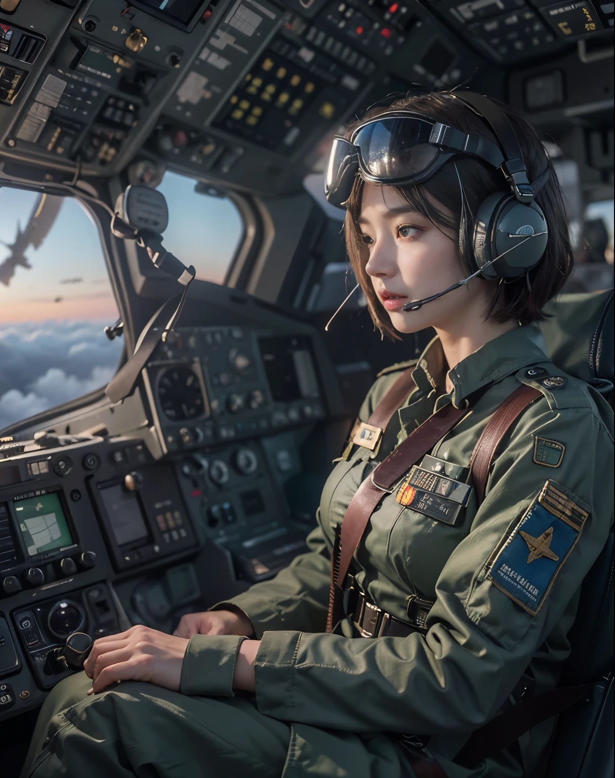 (muste piece), (Super detailed), (masterpiece), An illustration, (Female pilot in the cockpit of a reconnaissance plane), (airplane cockpit), (in flight), (10000 feet altitude)、(sky view)、(above the clouds)、(radar site), (Realistic), (wearing a pilot&#39;s uniform), (Holding the control stick and controlling), (Has a communication intercom), Subtle and natural lighting effects, Optimizing equipment details、(1 girl) , (military pilot uniform), (panties)、Inside the cockpit , (patrol aircraft cockpit), Sit in the cockpit and look ahead, operating the control stick、 (Shining metal:1.1), Many buttons、Dial、surrounded by games, 8k wallpaper, Advanced, (sophisticated design),