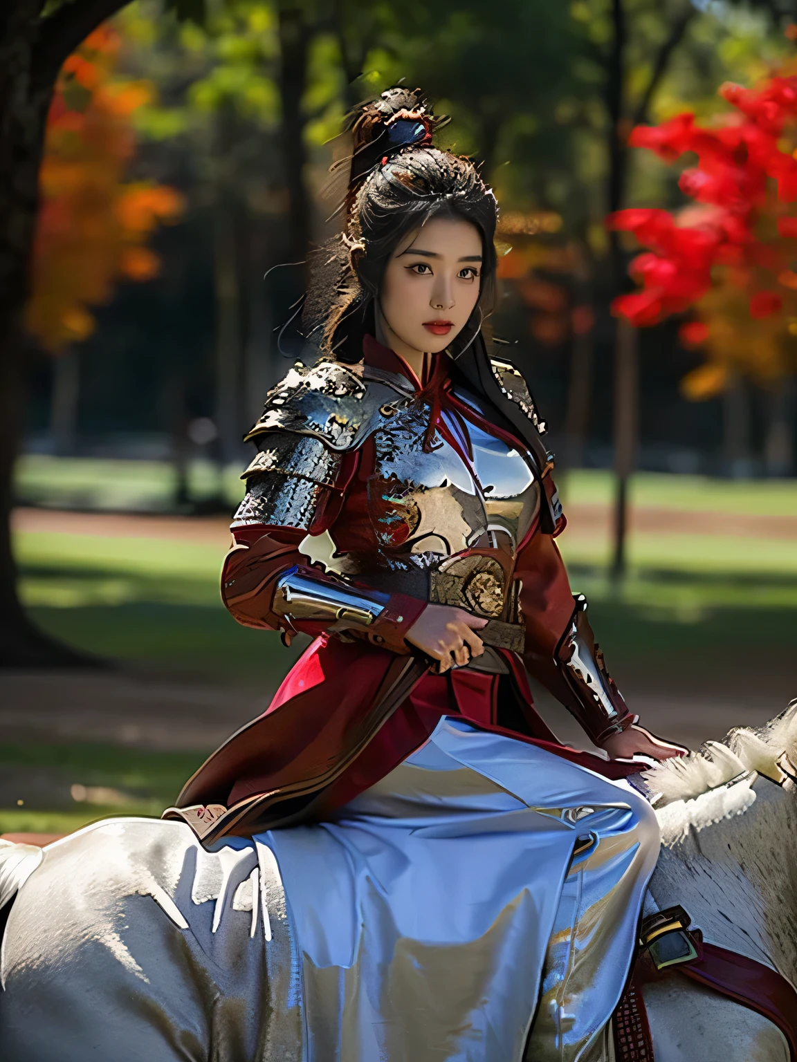 masterpiece,Best quality,HD quality,face close-up,(Detailed sculpting of eyes),Laugh,(corners of mouth raised),8K,Ancient battlefield background, ((field:1.8)),(Female generals on the battlefield in the Han Dynasty),(mounted on a horse),18-year-old girl,(long ponytail hairstyle),cparted lips,Full and erect breasts,Chinese architecture,red cloak,The combination of white metal and red leather,chest armor,((Cool and gorgeouig breasts)),Chest groove,Three Kingdoms character painting style,Photo pose,oc render reflection texture,Head-up shot,bright afternoon,woodland background