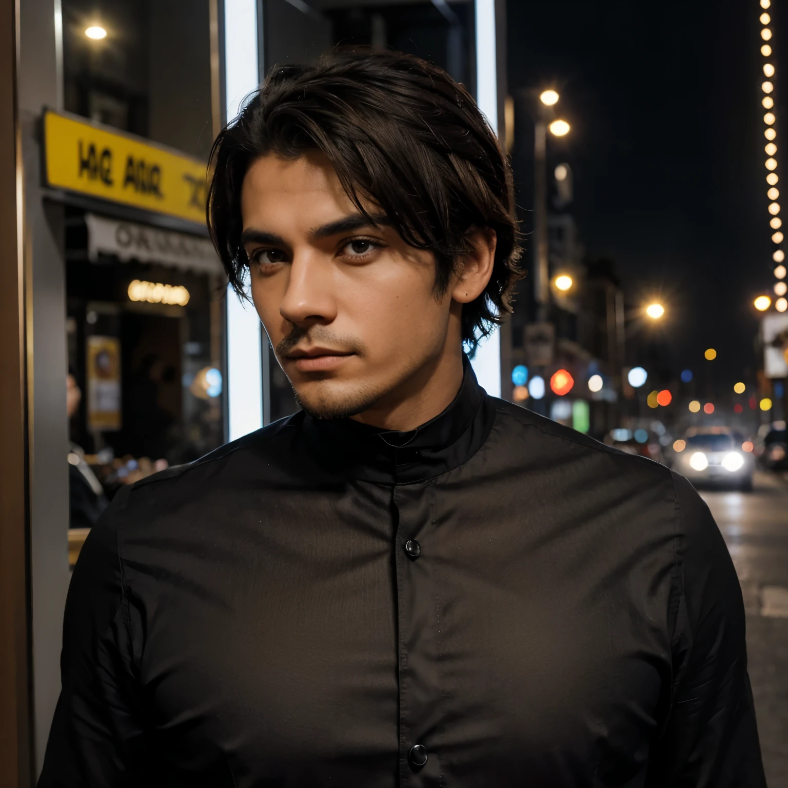 Hombre de traje, pelo corto y negro, ojos de color negro y dorado sentado en la noche en el capo de un auto mientras la luz de la ciudad se refleja