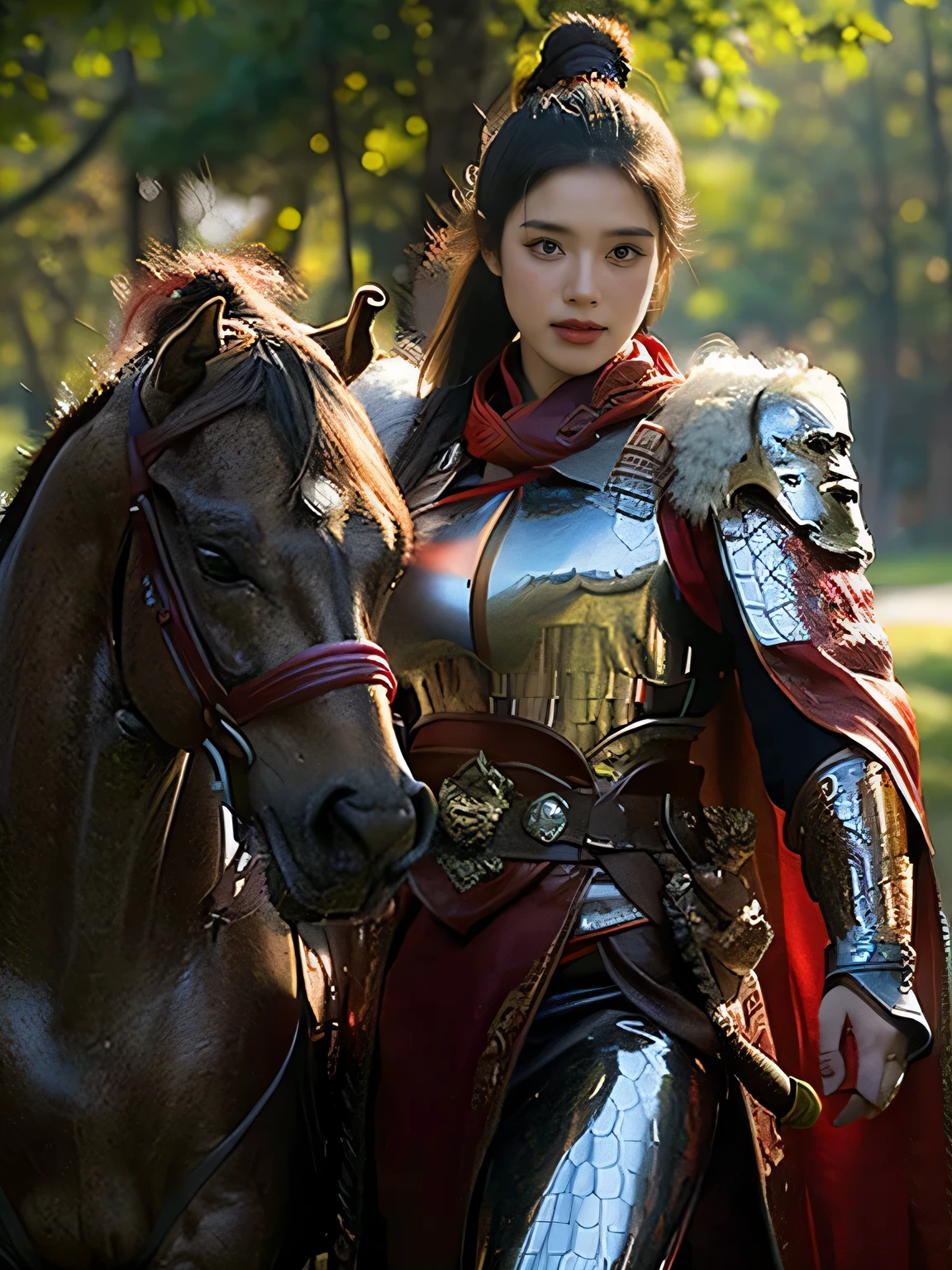 masterpiece,Best quality,HD quality,face close-up,(Detailed sculpting of eyes),Laugh,(corners of mouth raised),8K,Ancient battlefield background, ((field:1.8)),(Female generals on the battlefield in the Han Dynasty),(mounted on a horse),18-year-old girl,(long ponytail hairstyle),cparted lips,Full and erect breasts,Chinese architecture,red cloak,The combination of white metal and red leather,chest armor,((Cool and gorgeouig breasts)),Chest groove,Three Kingdoms character painting style,Photo pose,oc render reflection texture,Head-up shot,bright afternoon,woodland background