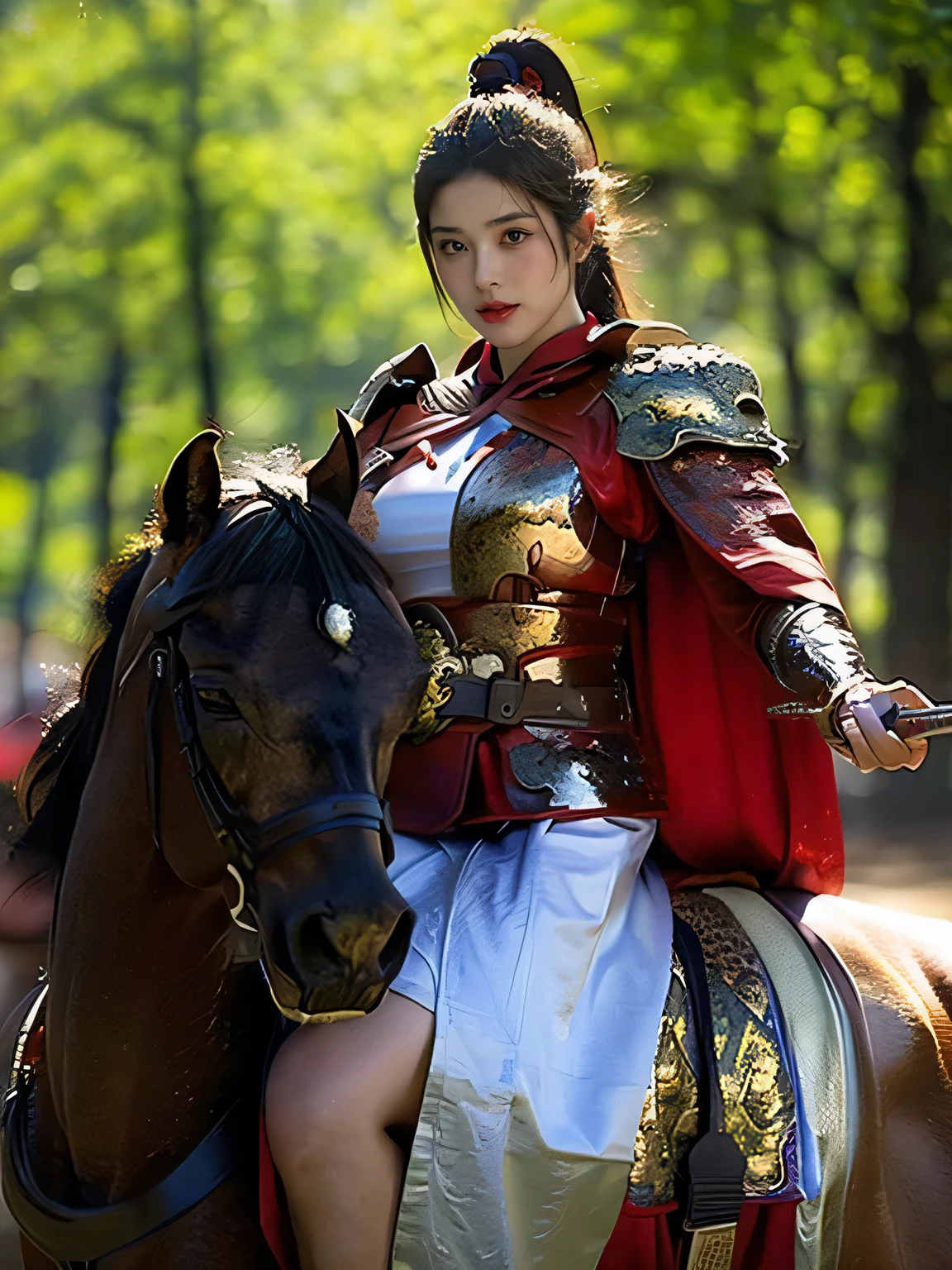 masterpiece,Best quality,HD quality,face close-up,(Detailed sculpting of eyes),Laugh,(corners of mouth raised),8K,Ancient battlefield background, ((field:1.8)),(Female generals on the battlefield in the Han Dynasty),(mounted on a horse),18-year-old girl,(long ponytail hairstyle),cparted lips,Full and erect breasts,Chinese architecture,red cloak,The combination of white metal and red leather,chest armor,((Cool and gorgeouig breasts)),Chest groove,Three Kingdoms character painting style,Photo pose,oc render reflection texture,Head-up shot,bright afternoon,woodland background