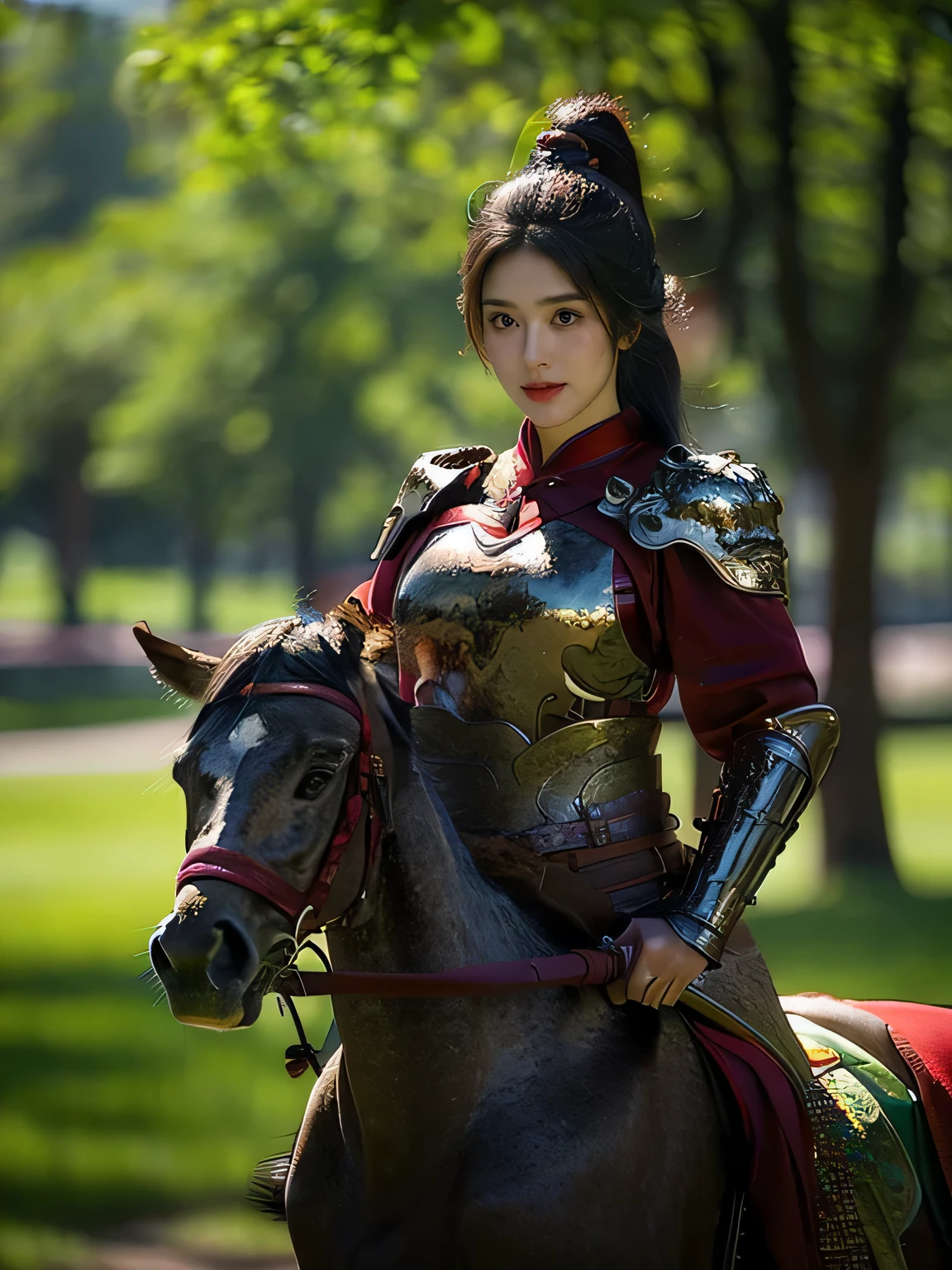 masterpiece,Best quality,HD quality,face close-up,Detailed sculpting of eyes,A high resolution,8K,Ancient battlefield background, ((field:1.8)),(Female generals on the battlefield in the Han Dynasty),(mounted on a horse),18-year-old girl,(long ponytail hairstyle),cparted lips,Full and erect breasts,Chinese architecture, green cloak,,The combination of white metal and red leather,chest armor,((Cool and gorgeouig breasts)),Chest groove,Three Kingdoms character painting style,Photo pose,oc render reflection texture,charming smile,Head-up shot,bright afternoon,woodland background