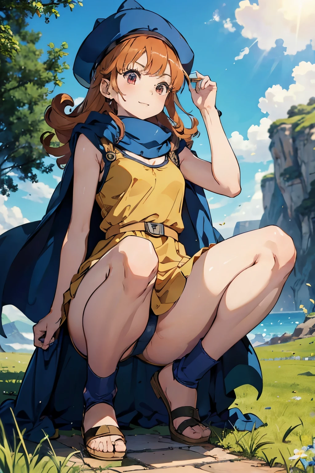 1 girl、High resolution、masterpiece、(alena-dq4、DQ4-ALENA、orange hair)、short height、small shoulder width、smile、slender、muscular、、browse down、cleavage、Tight abdominal muscles、thin thighs、outdoors、grassland、Grass grows、(navy blue hat)、(((cape、dress)))、I'm photographing her from below.、Photographed from a low position、profile、showing the soles of the feet、crawl on all fours