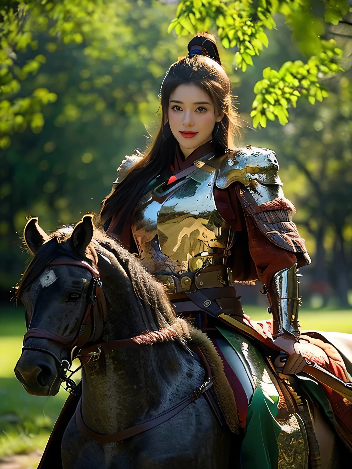 masterpiece，Best quality，HD quality，face close-up，A high resolution，8K，Ancient battlefield background, ((field：1.8))，(Female generals on the battlefield in the Han Dynasty)，(mounted on a horse)，18-year-old girl，（long ponytail hairstyle)，cparted lips，Full and erect breasts，Chinese architecture, green cloak，，The combination of white metal and red leather，chest armor，metallic luster，Leather buckle，Exquisite pattern，mysterious badge，Cool and gorgeouig breasts))，Chest groove，Three Kingdoms character painting style，Photo pose，oc render reflection texture，charming smile，Head-up shot，bright afternoon，woodland background