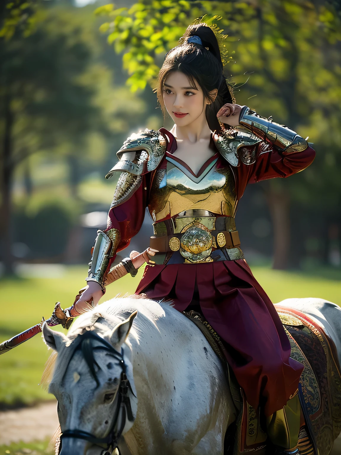 masterpiece,Best quality,HD quality,face close-up,A high resolution,8K,Ancient battlefield background, ((field:1.8)),(Female generals on the battlefield in the Han Dynasty),(mounted on a horse),18-year-old girl,(long ponytail hairstyle),cparted lips,Full and erect breasts,Noble and charming,Elegant and serious,Chinese armor,sword, Chinese architecture, green cloak,,The combination of white metal and red leather,chest armor,metallic luster,Leather buckle,Exquisite pattern,mysterious badge,Cool and gorgeouig breasts)),Chest groove,Three Kingdoms character painting style,Photo pose,oc render reflection texture,charming smile,Head-up shot,bright afternoon,woodland background