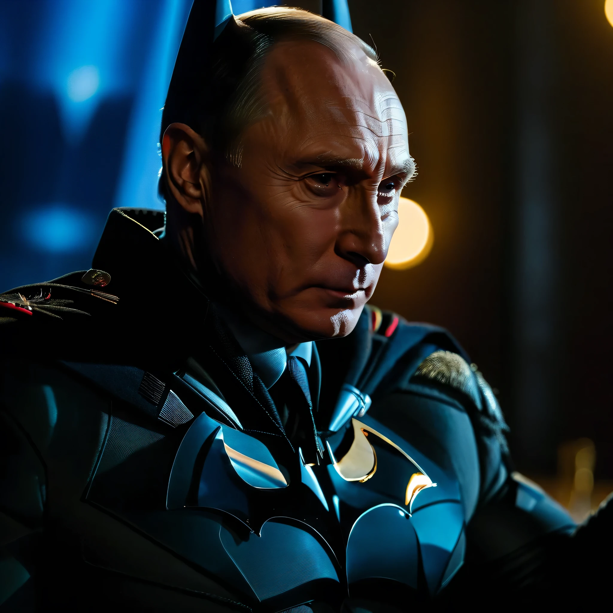 photo of Putin, cinematic movie still :1 AND photo of Batman, cinematic movie still :1
