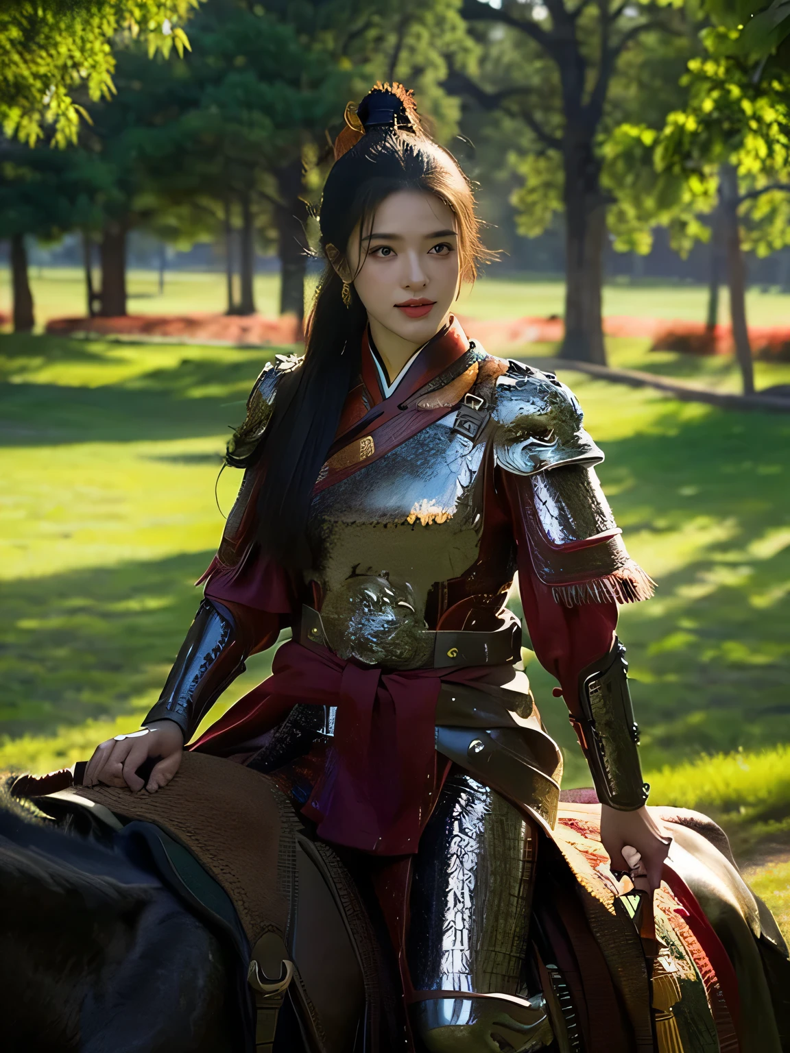 masterpiece,Best quality,HD quality,face close-up,A high resolution,8K,Ancient battlefield background, ((field:1.8)),(Female generals on the battlefield in the Han Dynasty),(mounted on a horse),18-year-old girl,(long ponytail hairstyle),cparted lips,Full and erect breasts,Noble and charming,Elegant and serious,Chinese armor,sword, Chinese architecture, green cloak,,The combination of white metal and red leather,chest armor,metallic luster,Leather buckle,Exquisite pattern,mysterious badge,Cool and gorgeouig breasts)),Chest groove,Three Kingdoms character painting style,Photo pose,oc render reflection texture,charming smile,Head-up shot,bright afternoon,woodland background