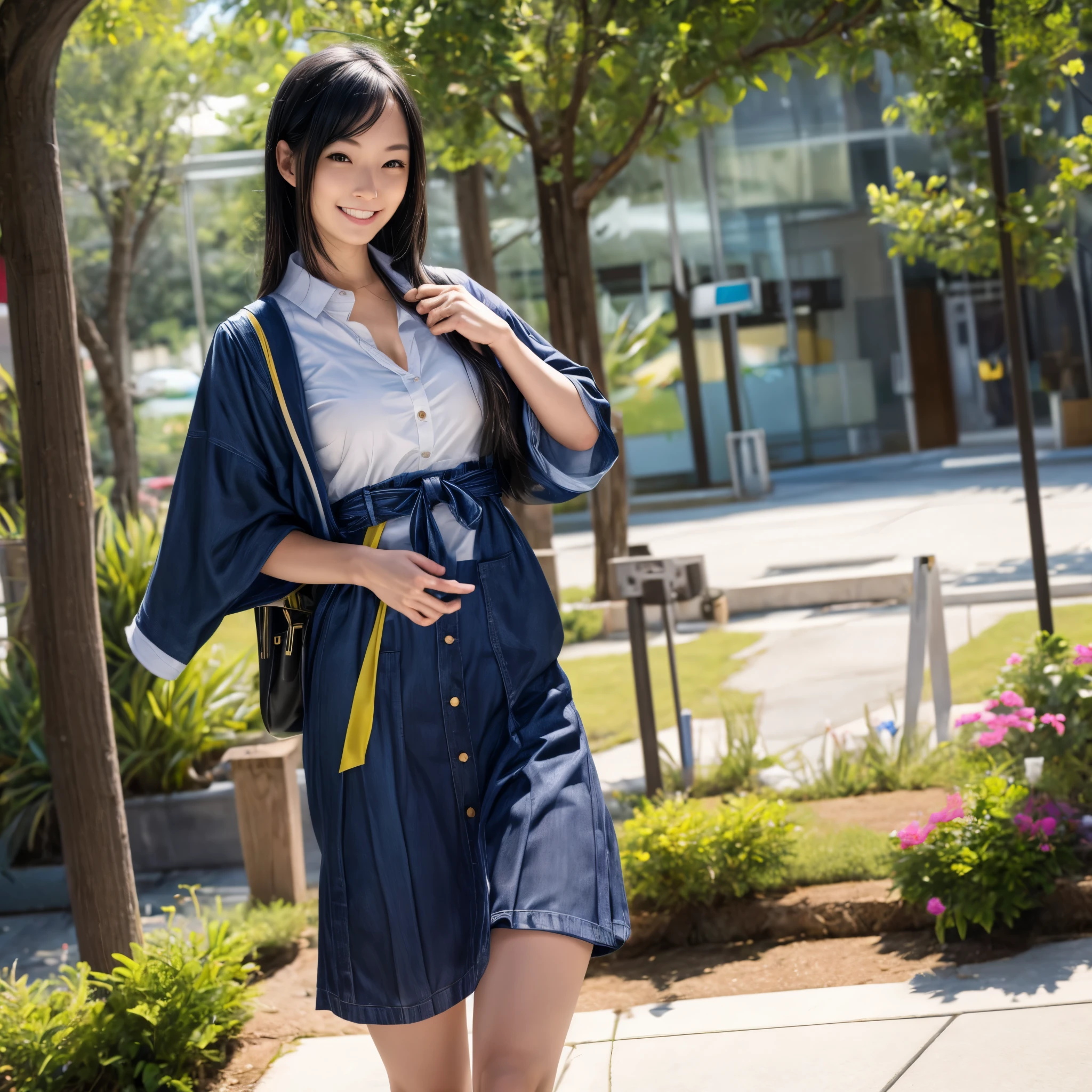 (best quality,4k,8k,highres,masterpiece:1.2),ultra-detailed, Japanese Goddess Amaterasu as a college student, Black hair, Blue school uniform with yellow accents, walking around college campus, smiling at viewer, undressing, breasts exposed, seducing viewer, HDR, 8k, absurdres, cinestill 800, sharp focus, add_detail:3