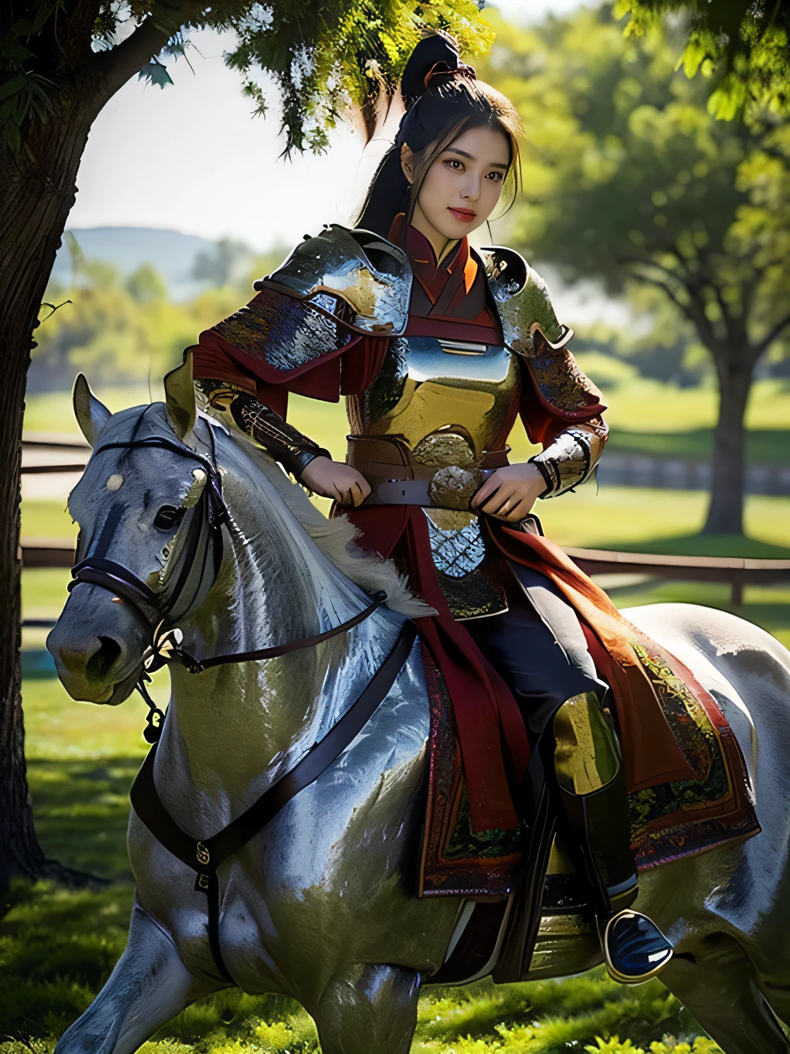 Liang Shanwu General Hu, Japanese woman, beautiful, double whipped whip scorch, exquisite features, three-dimensional facial features, perfect face, wearing golden Luo brocade scarf, wearing seven-star nail-soap robes, expensive precision-forged black oil-inlaid armor, riding a royal horse, kicking a pitch-black horse, holding two waterwheel style octagonal steel whips.Invincible, Top Photography Masters Award winner, surrounded by light particles, masterpiece, high resolution, luxury goods, rich in detail, petal granules, (with male and female tiger eye whips), he is skilled in the Hu Yan family transmission method 36 Land Rover whip method, shining with divine eyes, realistic, super realistic texture, ultra-detailed