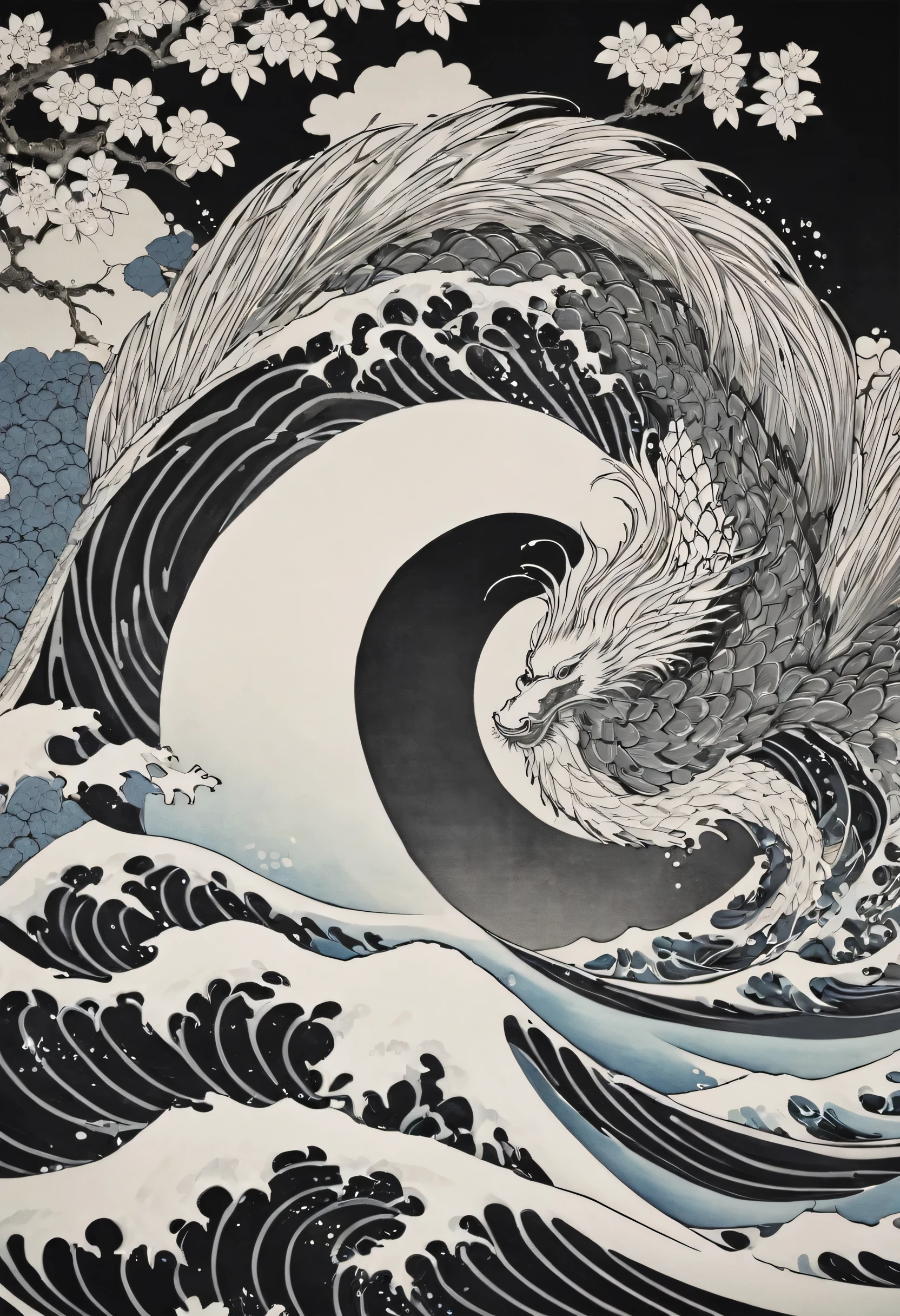 Japanese painting、Mosasaurus、Qinglong、Scale pattern、black and white、line drawing、Uniform line width、Makie、ukiyo-e、pattern、tradition、repetition、monochrome