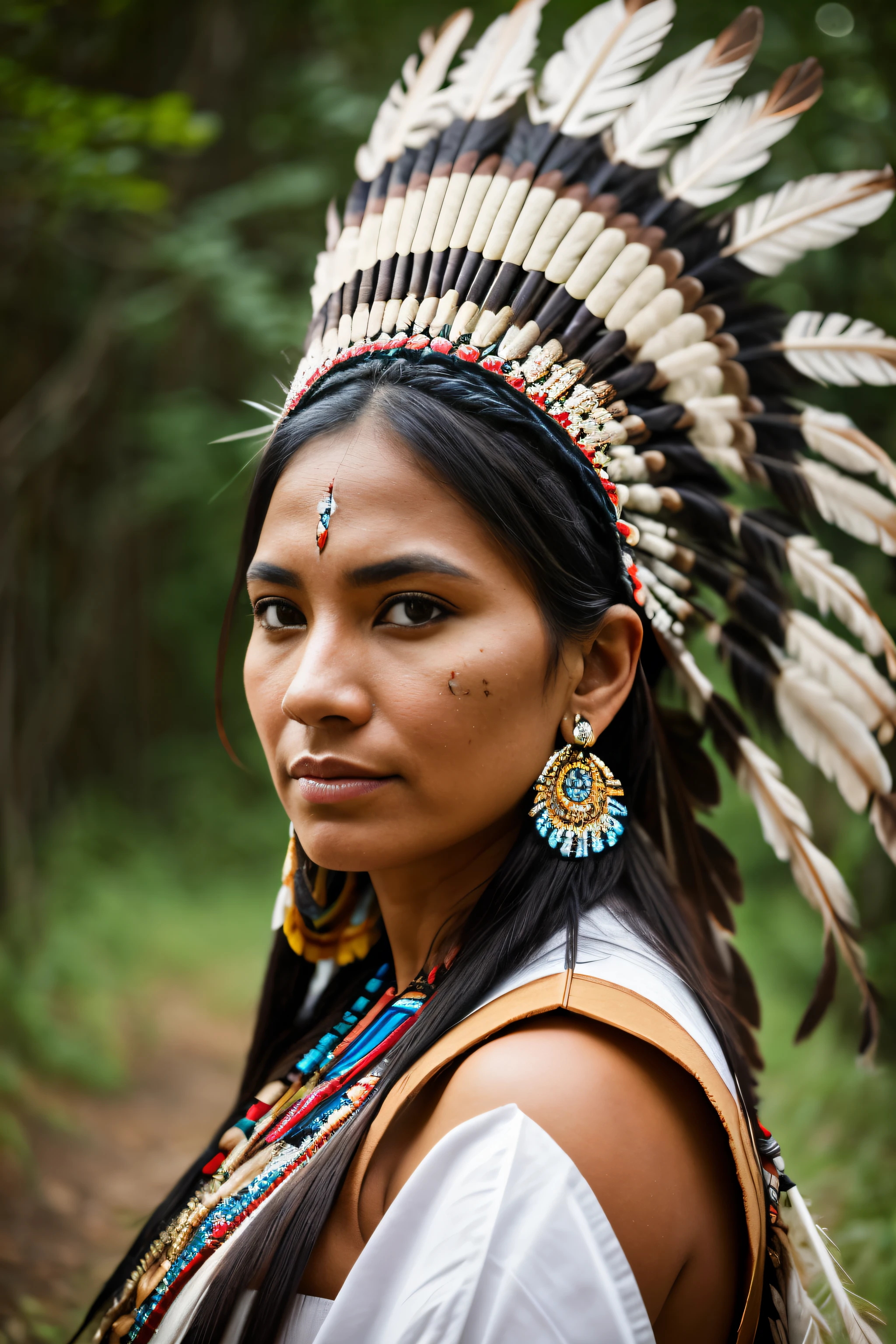 8k, highest quality, ultra details, indigenous woman, traditional attire, feather headdress, tribal patterns, nature background, proud expression, cultural heritage