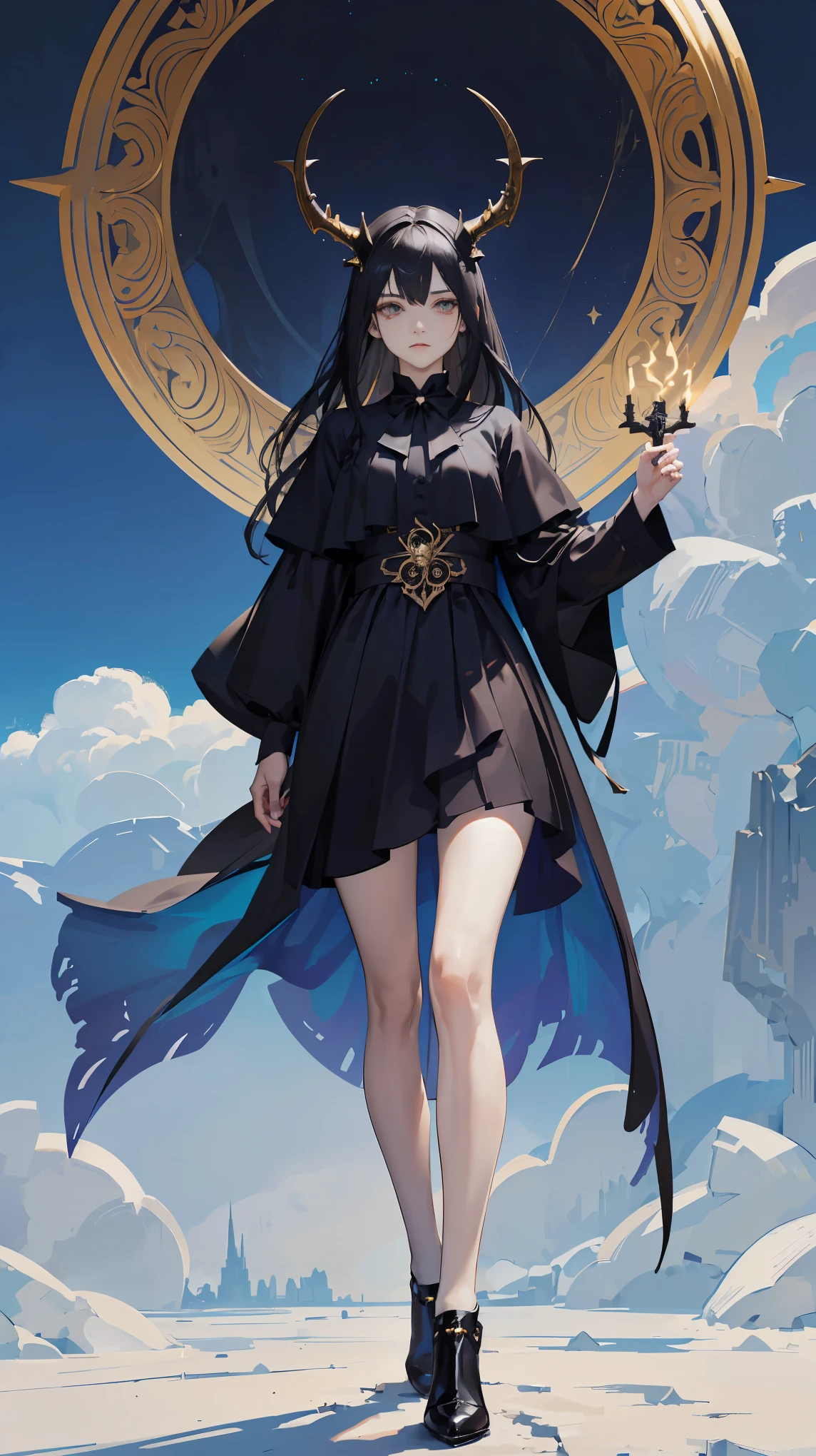 Seven Rhaeyar, Ancient Star goddess, Perfect female anatomy (Adult Female, 166cm in height, pale skin, slim, slender, 34D breast size, Gray Colored Eyes with subtle details, Long Straight Black Hair, Beauty Mark Mole on right cheek bone, a set of black horns on her head), Neutral facial expression, Elegant white dress with black bow tie, blue coat knee length, dragon motifs, gold and rope accessories, View of the open blue sky with only clouds, receiving light from the front, Ethereal glow