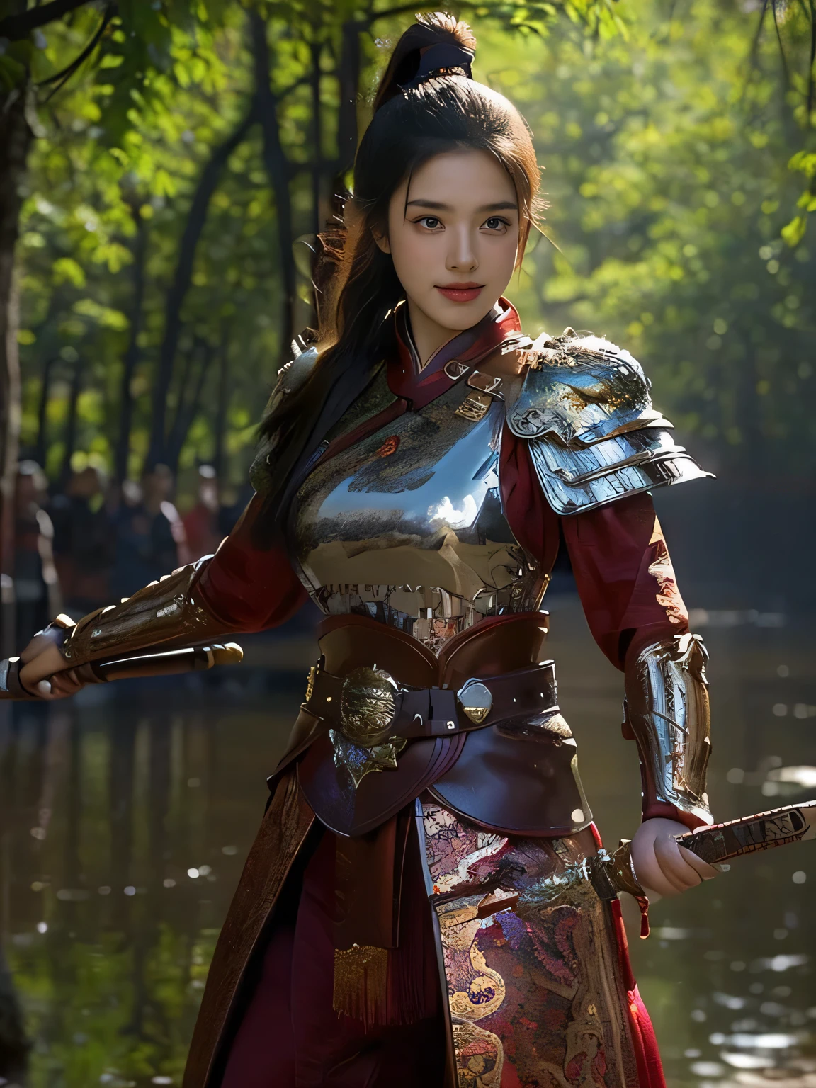 masterpiece,Best quality,HD quality,face close-up,A high resolution,8K,Ancient battlefield background, ((field:1.8)),(Female generals on the battlefield in the Han Dynasty),18-year-old girl,(long ponytail hairstyle),cparted lips,Full and erect breasts,Noble and charming,Elegant and serious,Chinese armor,sword, Chinese architecture, Brown cape,,The combination of white metal and red leather,chest armor,metallic luster,Leather buckle,Exquisite pattern,mysterious badge,Cool and gorgeouig breasts)),Chest groove,Three Kingdoms character painting style,Photo pose,oc render reflection texture,charming smile,Head-up shot,bright afternoon,woodland background