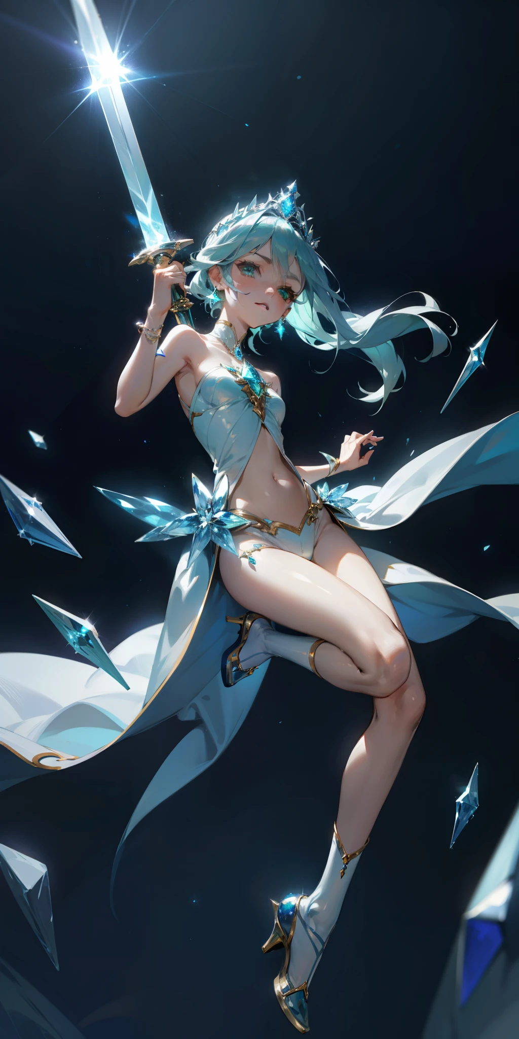 masterpiece,top quality,fantasy,Blue space with shining stars,ice cave,Girl using magic blonde girl),,green eyes,(Blue jewelry and luxurious silver tiara,Navel ejection、Gorgeous sexy girl in white dress,Blue gemstone brooch,golden decoration),White and blue high heels,white high socks、Wear blue socks on your right foot,Luxury sword,Blue gemstone in hand,Confident facial expression,Green cube glowing on the ground,Purple fog,Fly green laser beam,Posture of holding a sword with both hands,low angle,There are large blue crystals under your feet