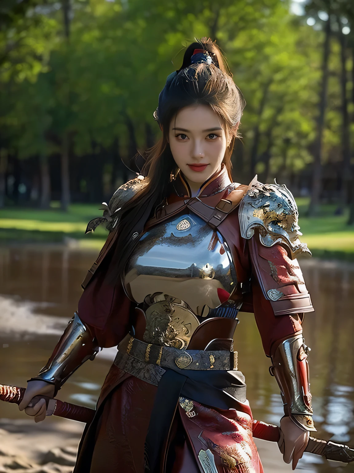 masterpiece，Best quality，HD quality，face close-up，A high resolution，8K，Ancient battlefield background, ((field：1.8))，(Female generals on the battlefield in the Han Dynasty)，18-year-old girl，（long ponytail hairstyle)，cparted lips，Full and erect breasts，Noble and charming，Elegant and serious，Chinese armor,sword, Chinese architecture, Brown cape，，The combination of white metal and red leather，chest armor，metallic luster，Leather buckle，Exquisite pattern，mysterious badge，Cool and gorgeouig breasts))，Chest groove，Three Kingdoms character painting style，Photo pose，oc render reflection texture，charming smile，Head-up shot，bright afternoon，woodland background