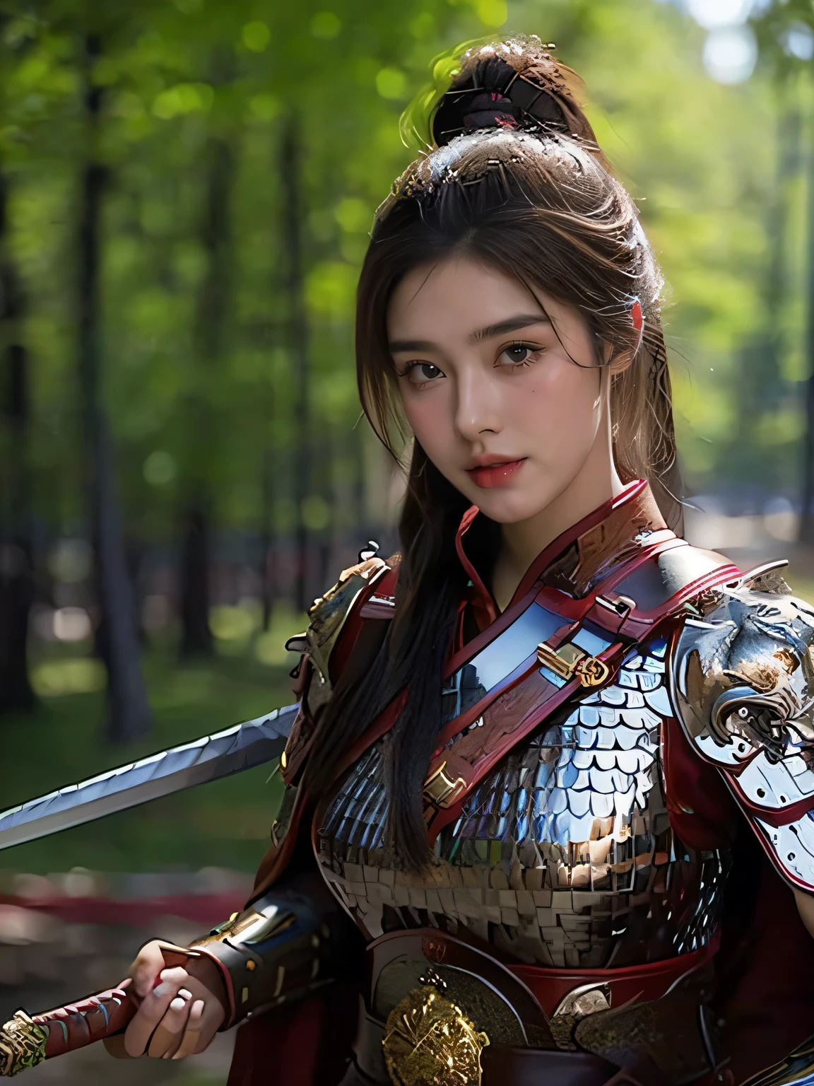 masterpiece,Best quality,HD quality,face close-up,A high resolution,8K,Ancient battlefield background, ((field:1.8)),(Female generals on the battlefield in the Han Dynasty),18-year-old girl,(long ponytail hairstyle),cparted lips,Full and erect breasts,Noble and charming,Elegant and serious,Chinese armor,sword, Chinese architecture, Brown cape,,The combination of white metal and red leather,chest armor,metallic luster,Leather buckle,Exquisite pattern,mysterious badge,Cool and gorgeouig breasts)),Chest groove,Three Kingdoms character painting style,Photo pose,oc render reflection texture,charming smile,Head-up shot,bright afternoon,woodland background