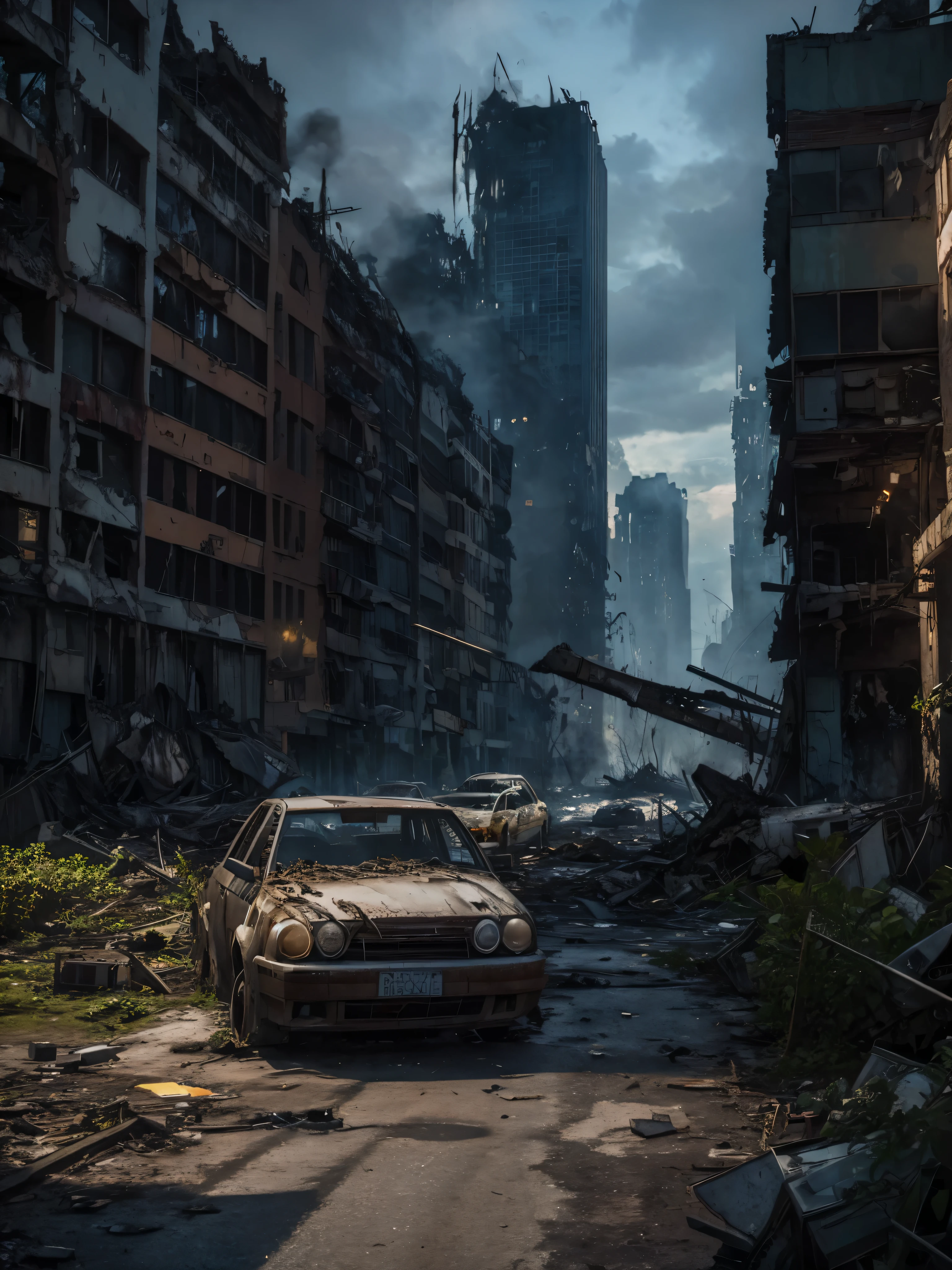 CG Rendering， Abandoned city ，Post-apocalyptic world， Place the car ，Vegetation next to buildings， Destroyed buildings， The plane crashed，Broken robot