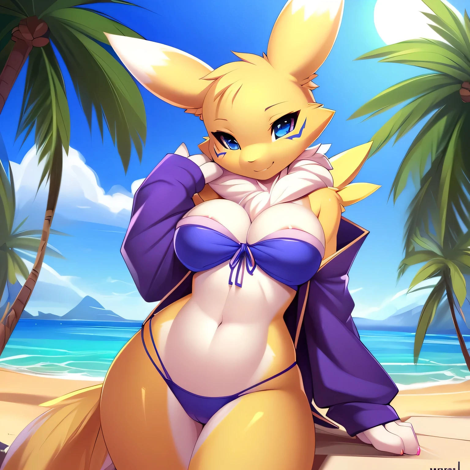 {((8k, ultra-high detail, best quality, masterpiece), volumetric lighting), bloom}, (solo, 1girl), ((athletic, cute renamon, large breasts, wide hips)), (beach, palm forest), purple boobtube, purple bandeau, (uploaded to e621, by sindoll, by yourdigimongirl, by tsampikos, by doxy, by teranen, by ancesra, by essentiallypony, by devil-vox, by xylas, by pakwan008),