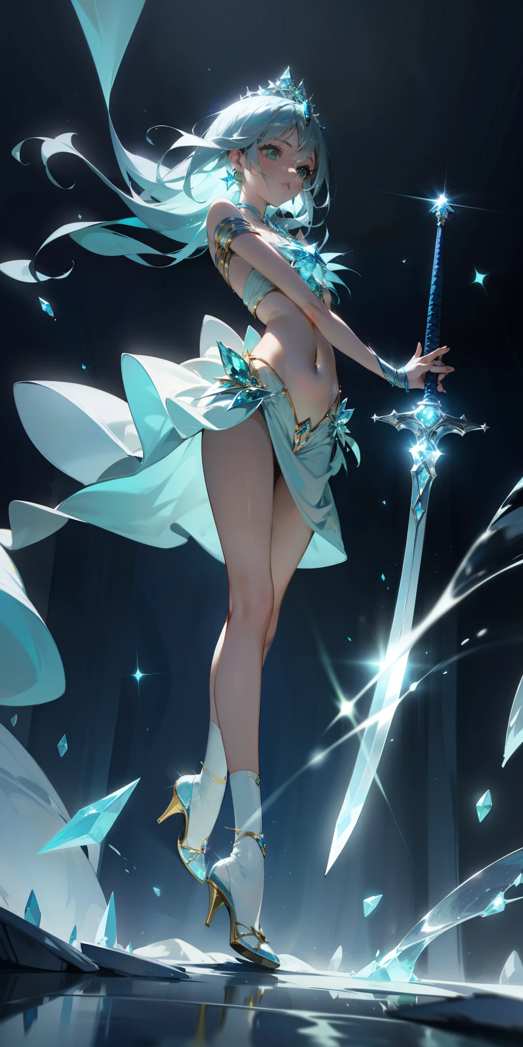 masterpiece,top quality,fantasy,Blue space with shining stars,ice cave,Girl using magic blonde girl),,green eyes,(Blue jewelry and luxurious silver tiara,Navel ejection、Gorgeous sexy girl in white dress,Blue gemstone brooch,golden decoration),White and blue high heels,white high socks、Wear blue socks on your right foot,Luxury sword，Blue gemstone in hand,Confident facial expression,Green cube glowing on the ground,Purple fog,Fly green laser beam,Posture of holding a sword with both hands,low angle,There are large blue crystals under your feet