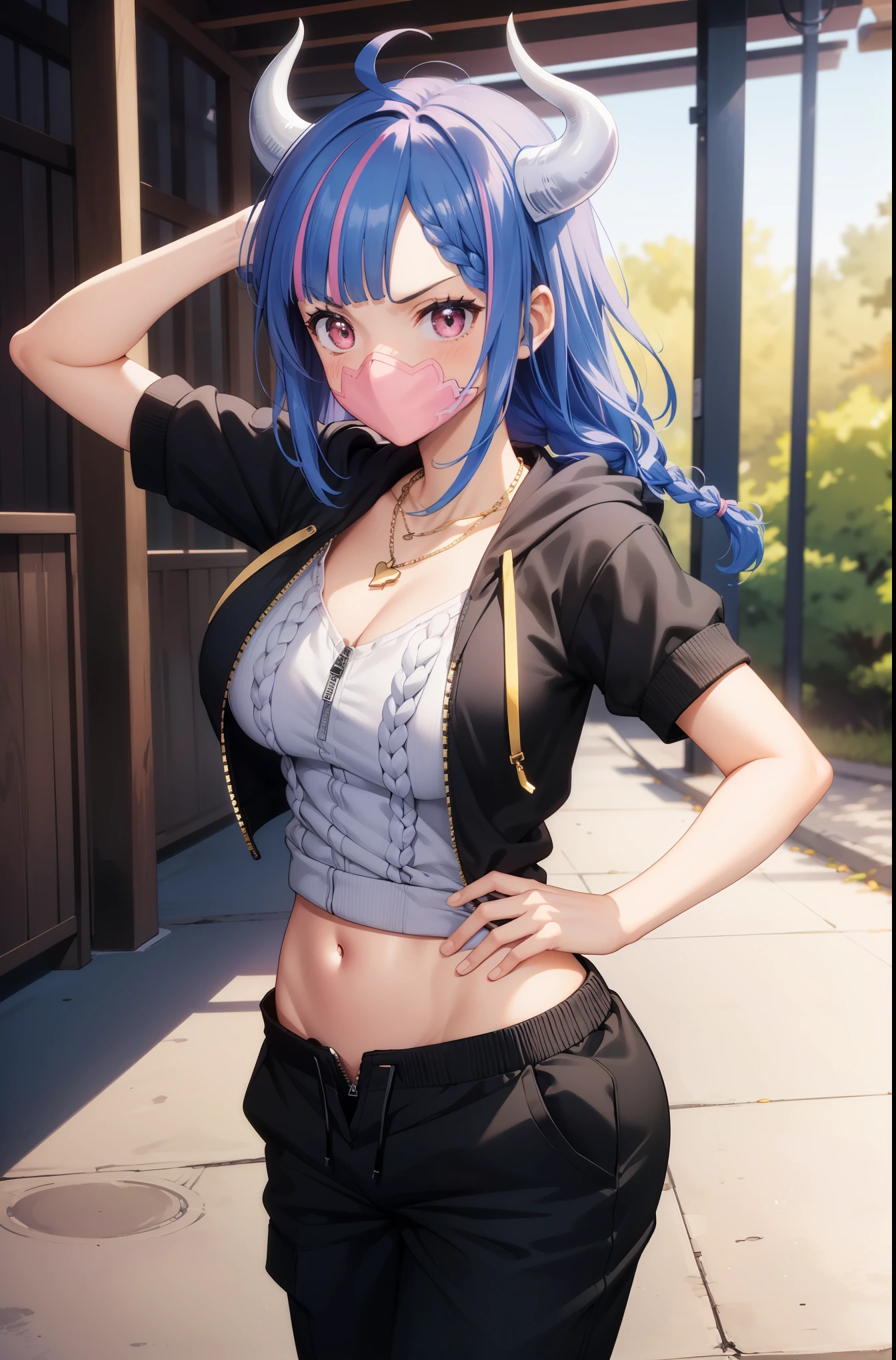 HDR, RAW image, high quality,(masterpiece, 最high quality:1.4), cinematic light, colorful, high contrast, (1 girl), UltiOP, One Piece Anime

((big breasts)), striped hair, colorful hair, long hair, blue hair, pink hair, bangs, up style hairstyle, (horn:1.1), pink eyes, dynamic pose, free pose, stand, cowboy shot, smile, blush

(white short sweatshirt:1.5), (crtopop:1.3), (Navel exposed:1.3), (black hoodie:1.5), open the zipper, (chino pants:1.3), (braided hair:1.3), (gold necklace:1.3), (dance:1.3), (In front of the station:1.3), In town, back alley