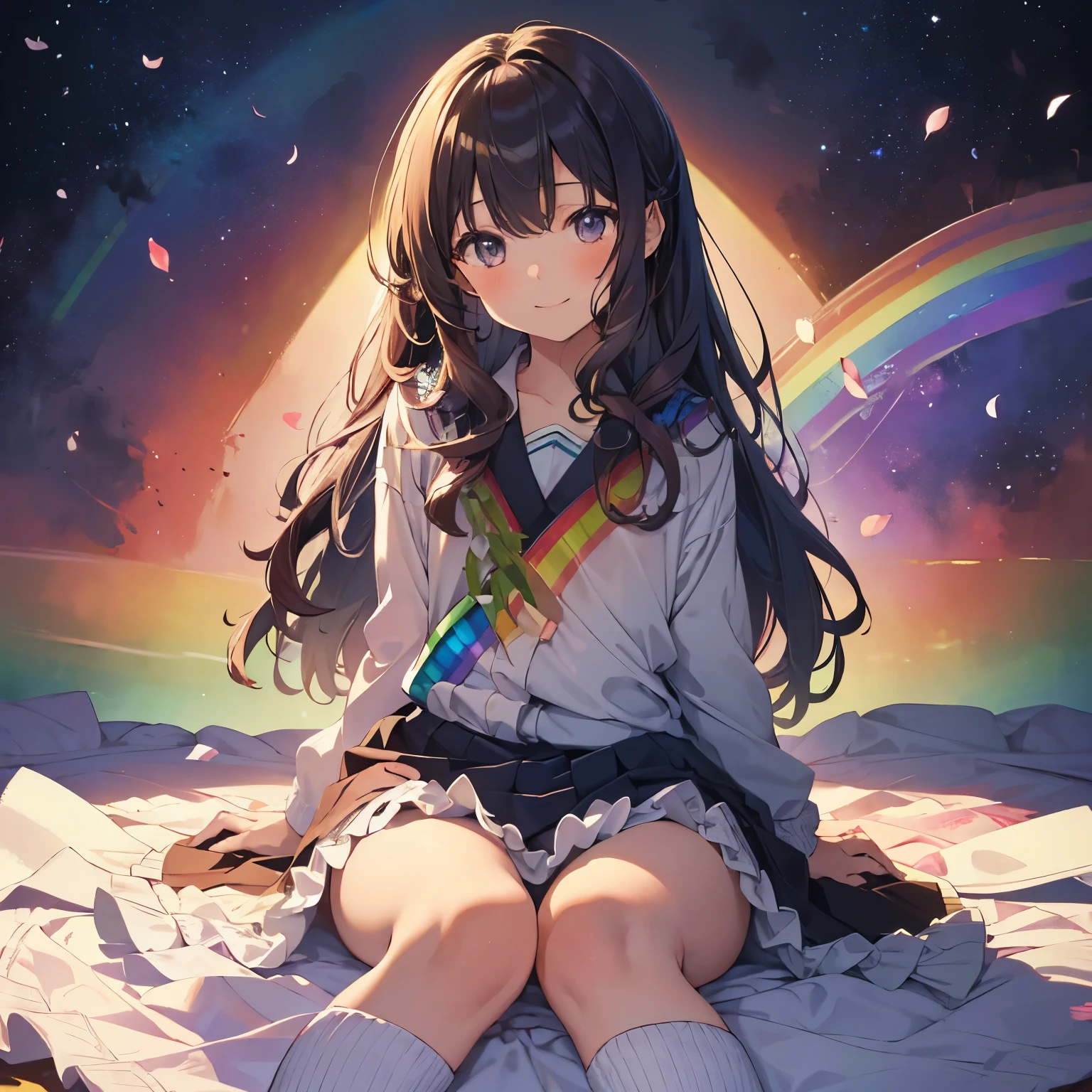 ((Masterpiece: 1.4, top-quality: 1.2))、 A , ((sitting on the rainbow: 1.5))、 Solofocus,
Her delicate face is filled with wonder and joy,
Highly detailed anime features, rainbow hues reflecting in her big, bright eyes,
The rainbow's colors painting intricate patterns on her slender, uplifted fingers,
Fragile petals of her skirt blowing gently in the wind,
Long, curly hair cascading down her back, creating rainbow waves,
A wide, radiant smile stretching across her face,
Facing the