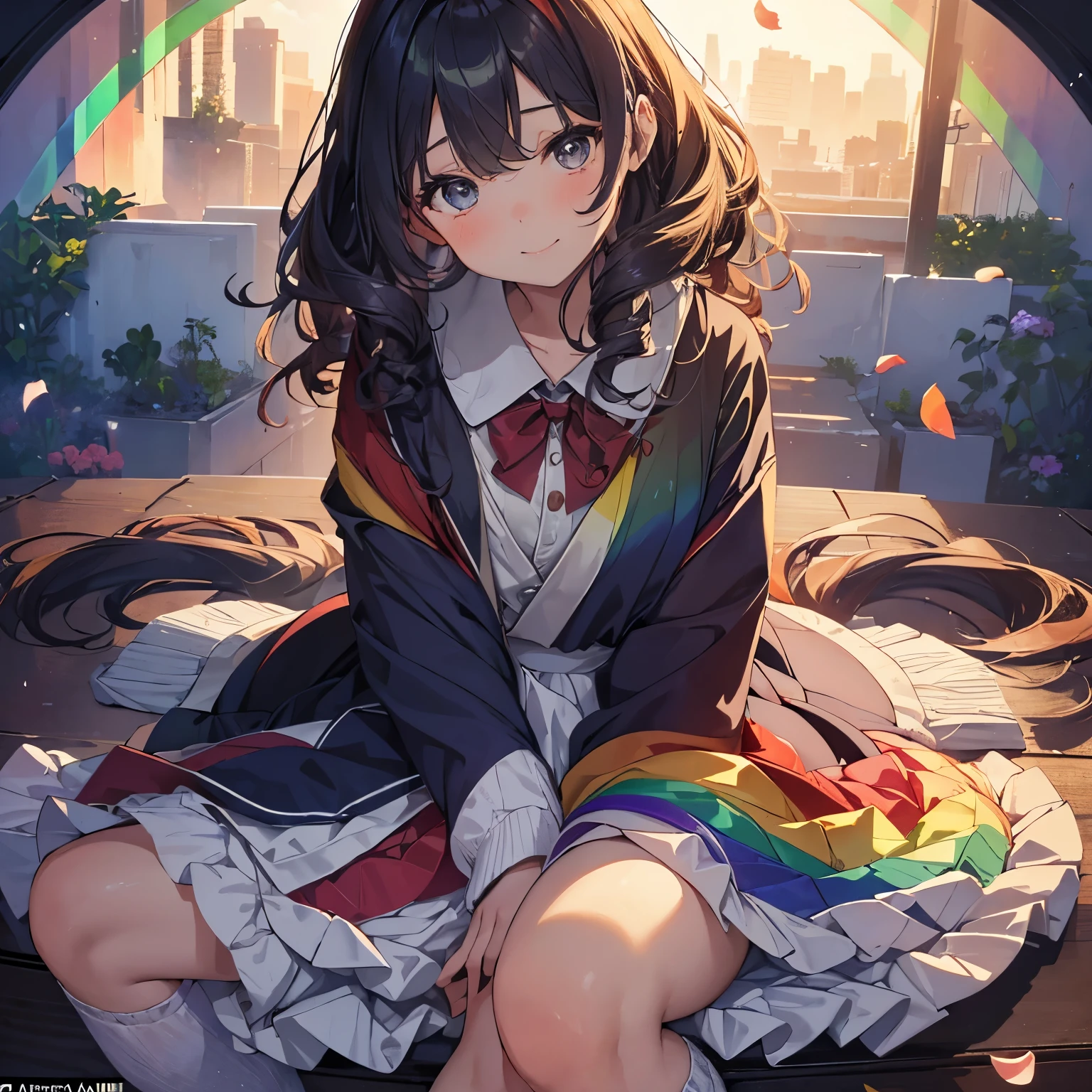 ((Masterpiece: 1.4, top-quality: 1.2))、 A 12-year-old girl, ((sitting on the rainbow: 1.5))、 Solofocus,
Her delicate face is filled with wonder and joy,
Highly detailed anime features, rainbow hues reflecting in her big, bright eyes,
The rainbow's colors painting intricate patterns on her slender, uplifted fingers,
Fragile petals of her skirt blowing gently in the wind,
Long, curly hair cascading down her back, creating rainbow waves,
A wide, radiant smile stretching across her face,
Facing the