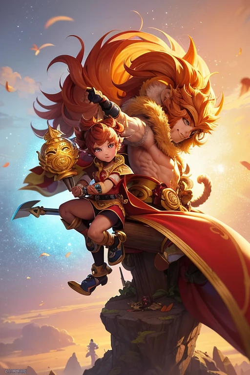 cartoon monkey with a sword and a cape on a cloud, sun wukong, wukong, monkey king, heroic fantasy character concept, hero character art, fantasy game art style, inspired by Li Kan, ne zha from smite, humanoid monkey fantasy race, dota character, asura from chinese myth, inspired by Hu Zaobin